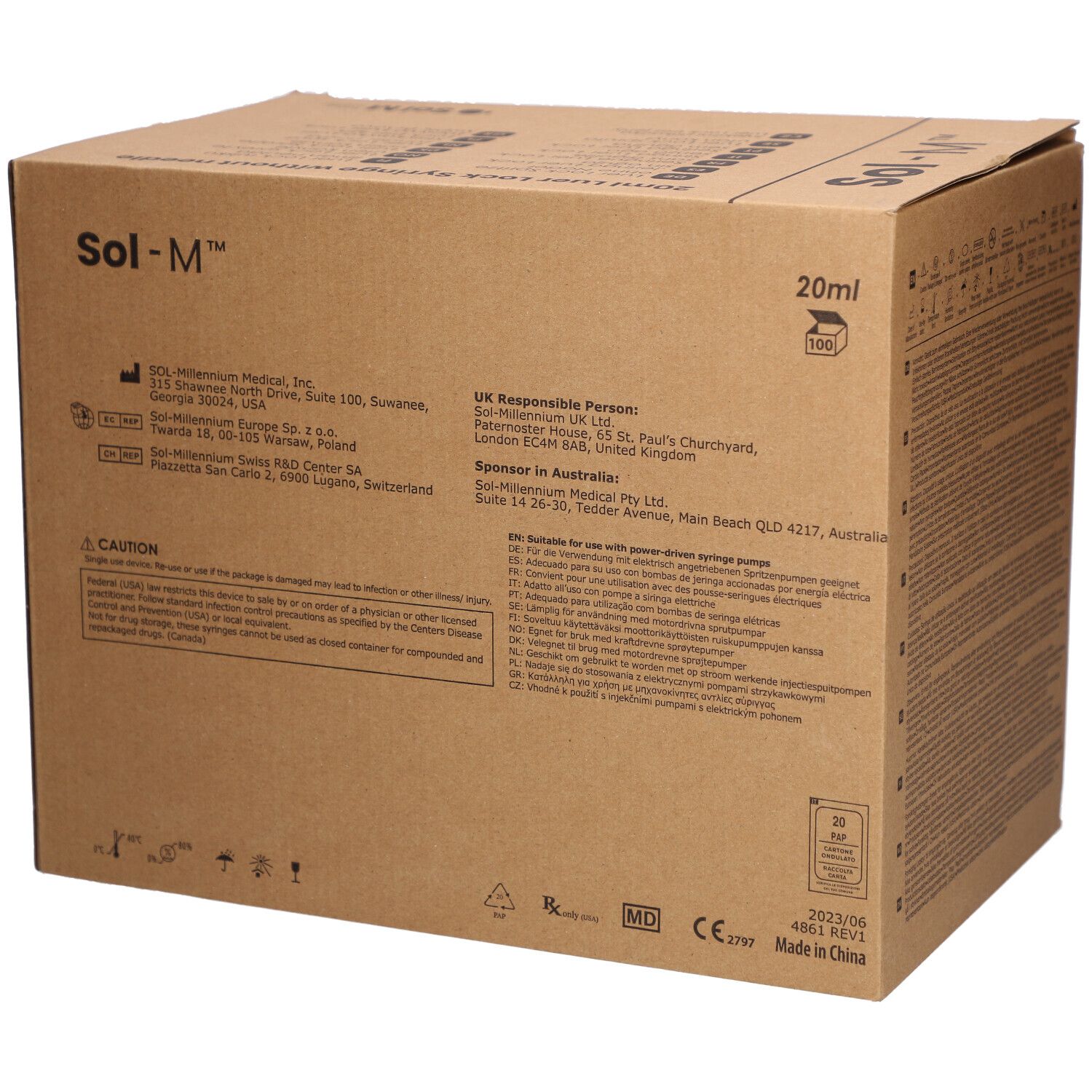 Boîte en carton avec texte et logos. Inscription: Sol-M 20ml. Logos et adresses. Marquage MD et CE.