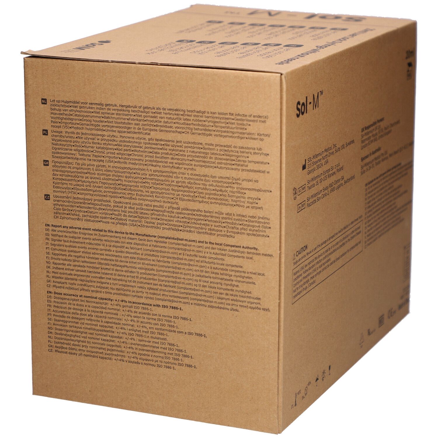 Boîte en carton avec texte. Inscription: Sol-M 20ml. Dos avec texte. Marquage MD et CE.