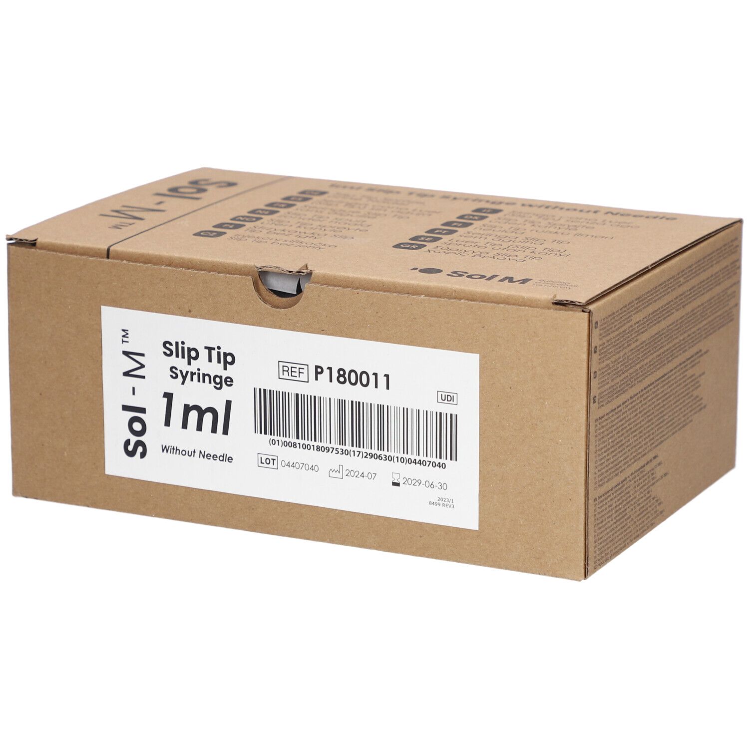 Emballage en carton pour seringues Sol-M. Inscription: Slip Tip Syringe 1ml sans aiguille. Informations produit et code-barres.