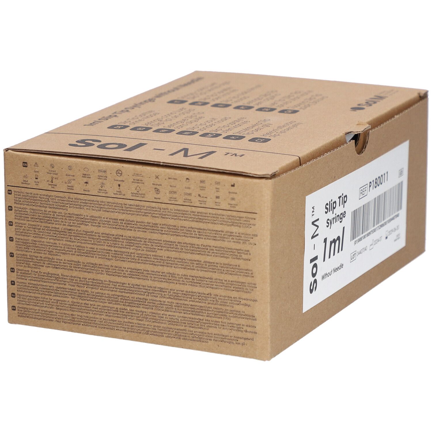 Emballage en carton pour seringues Sol-M. Vue latérale avec informations produit et texte. Carton brun.