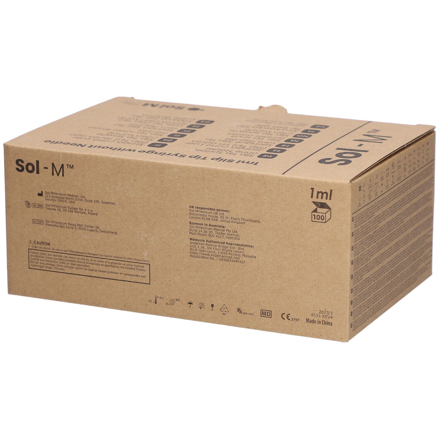 Emballage en carton pour seringues Sol-M. Inscription: Sol-M, 1ml, 100 pièces. Carton brun.