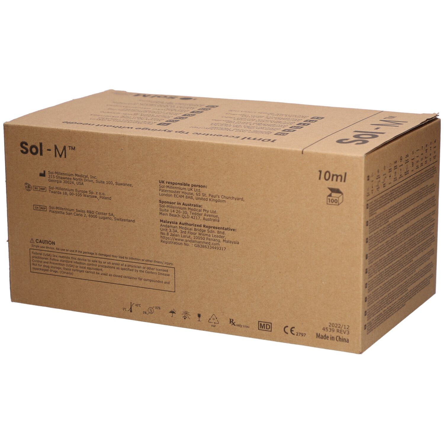 Emballage en carton avec texte et symboles. Sol-M et 10 ml sont inscrits sur le carton. Marquage CE et autres informations.