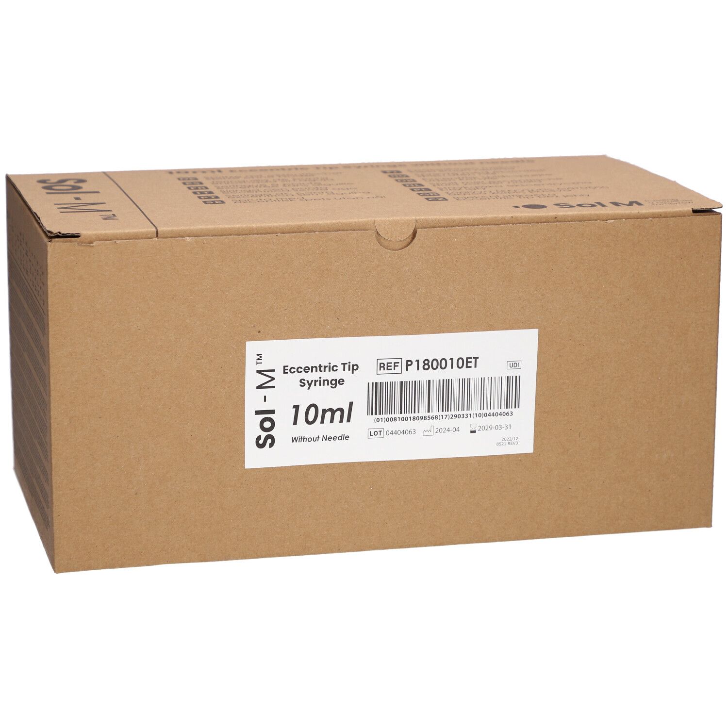 Emballage en carton avec étiquette. L'étiquette indique : Sol-M, 10 ml, sans aiguille. Code-barres et autres informations.