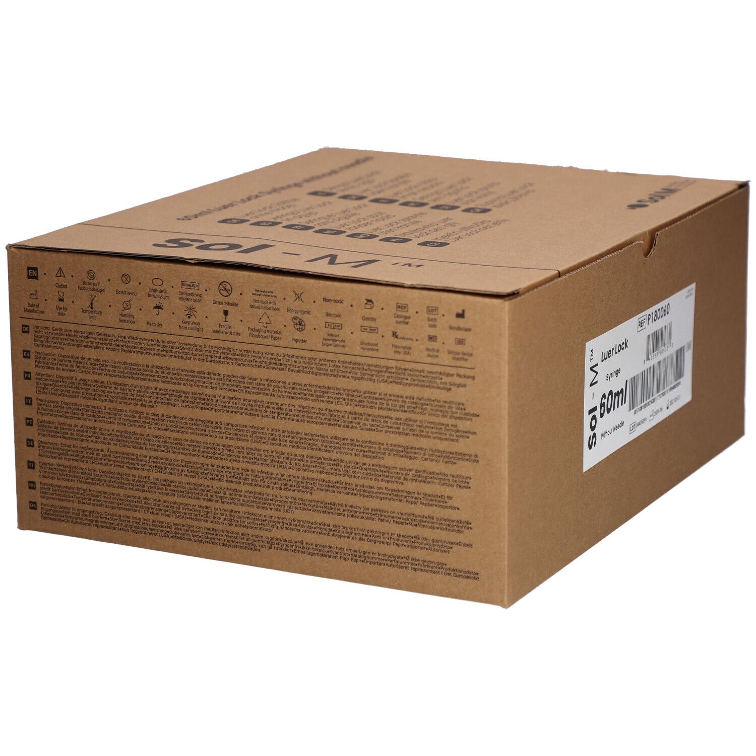 Kartonnen verpakking met tekst en symbolen. Opschrift: Sol-M. Achterkant met tekst in meerdere talen.