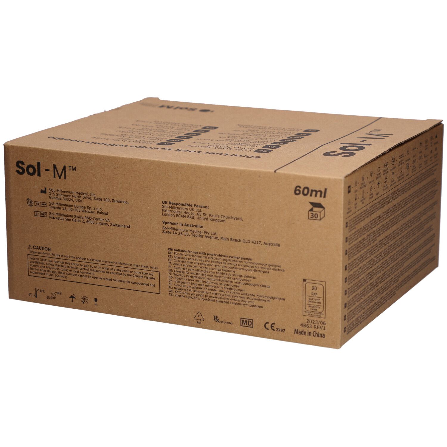 Kartonnen verpakking met tekst en symbolen. Opschrift: Sol-M, 60ml. Achterkant met tekst en certificeringen.