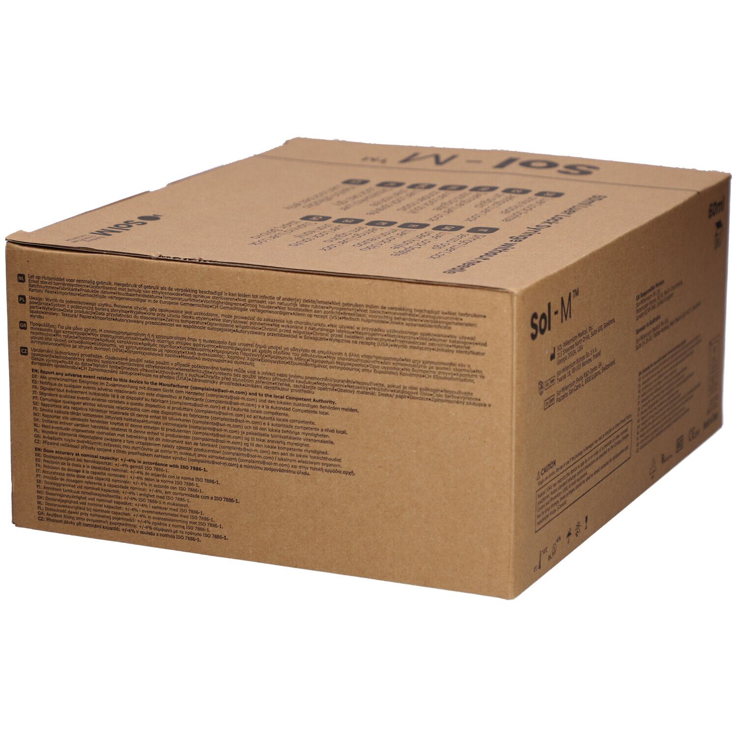 Kartonnen verpakking met tekst en symbolen. Opschrift: Sol-M. Achterkant met tekst in meerdere talen.