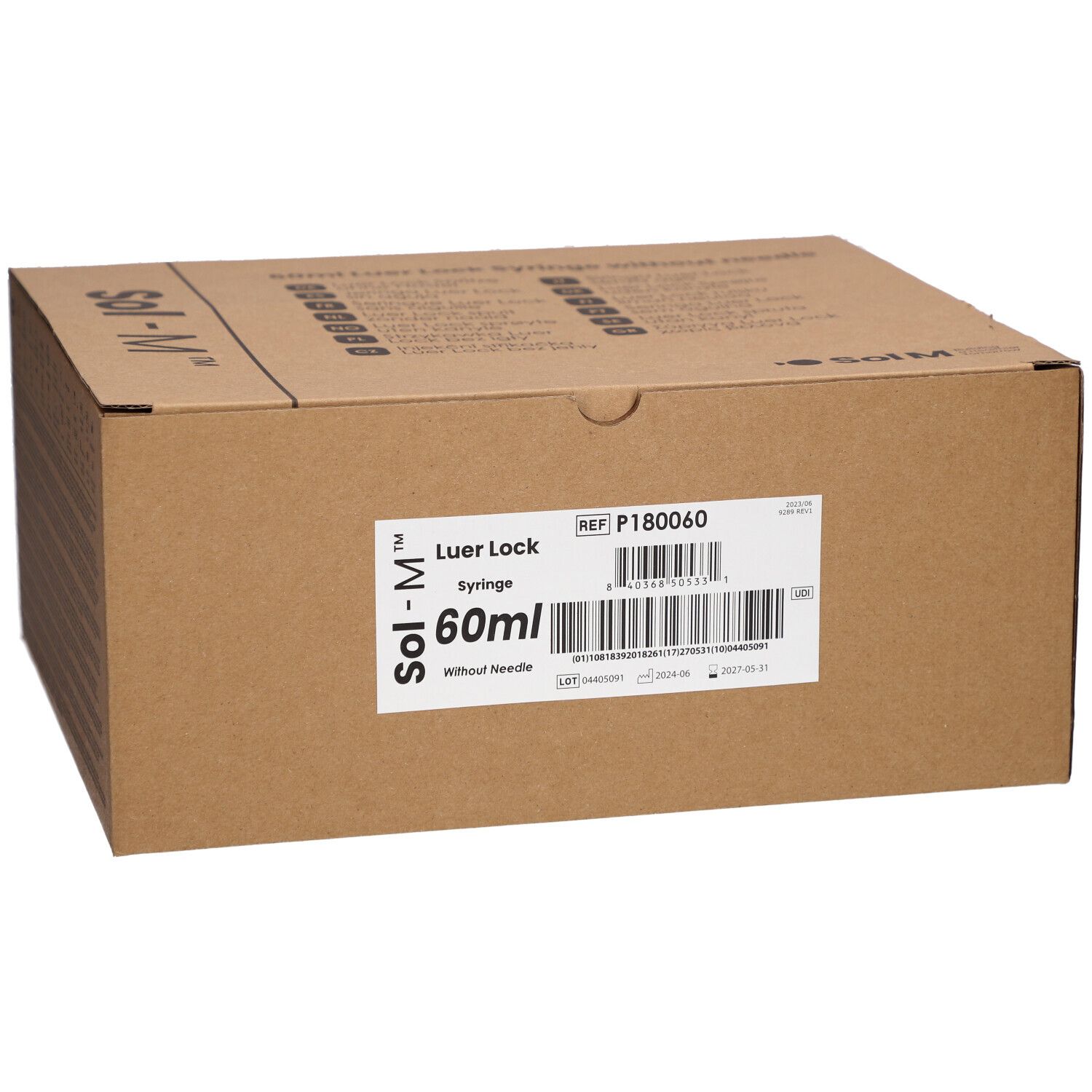 Kartonnen verpakking met productinformatie. Opschrift: Sol-M, Luer Lock, 60ml, zonder naald. Barcode en referentienummer.