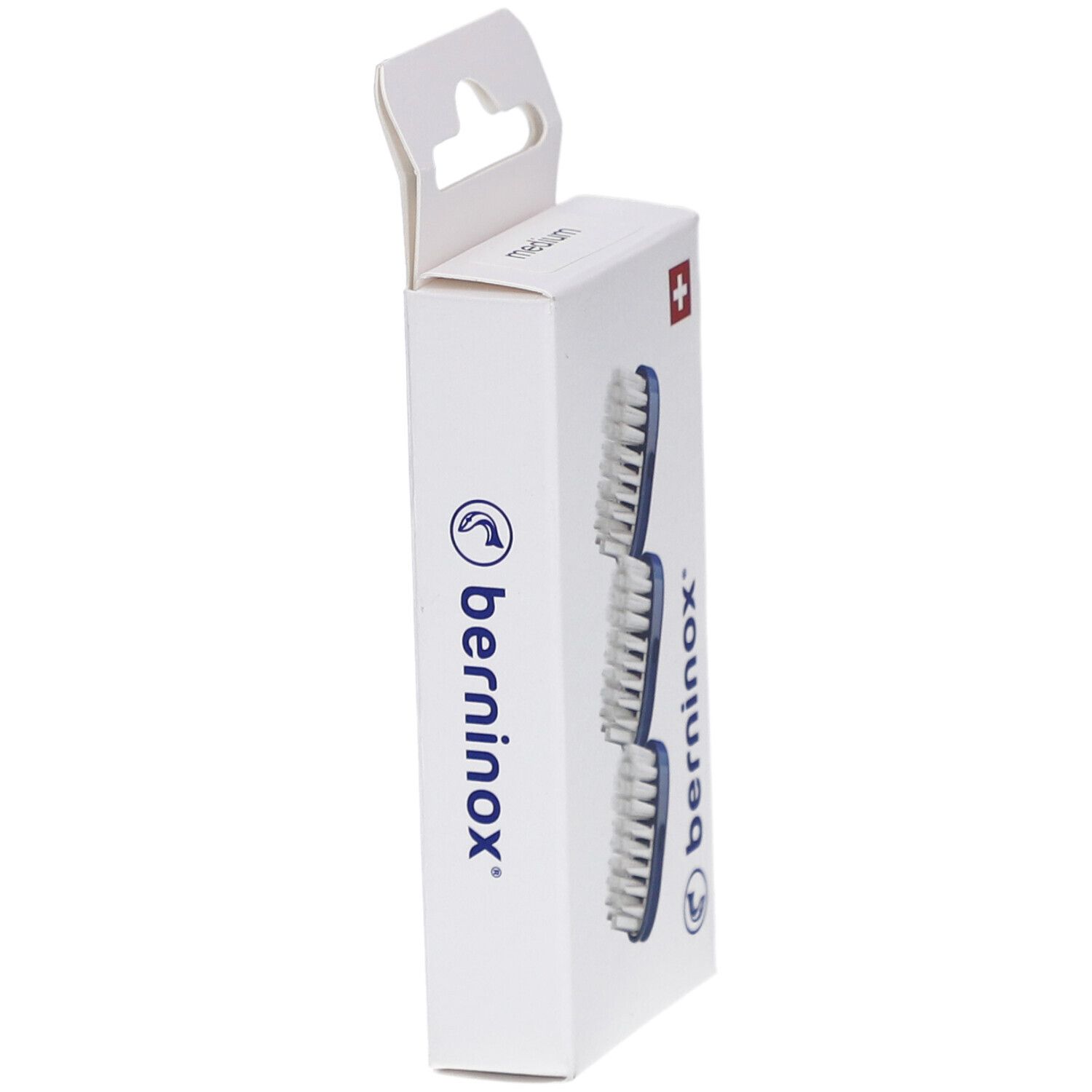 Emballage de 3 têtes de brosse à dents. Support bleu, poils blancs. Marque Berninox, croix suisse.