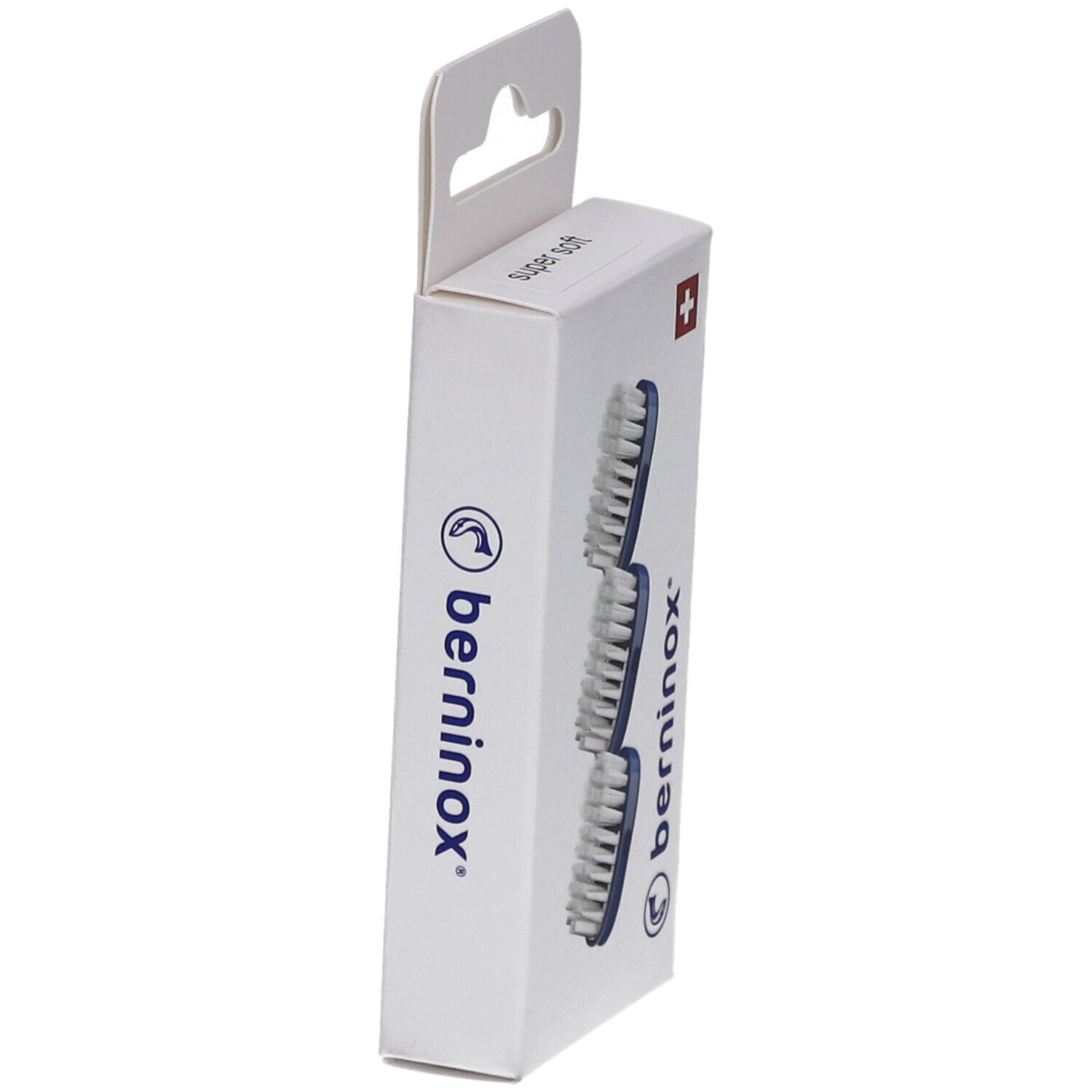 Vue latérale de la boîte avec 3 têtes de brosse. Logo et croix suisse visibles.