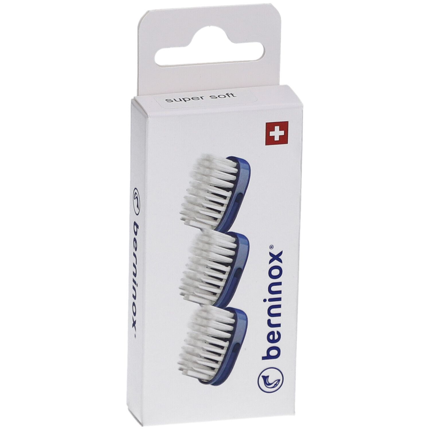 Boîte de 3 têtes de brosse à dents. Soies bleues, tête blanche. Croix suisse et logo.