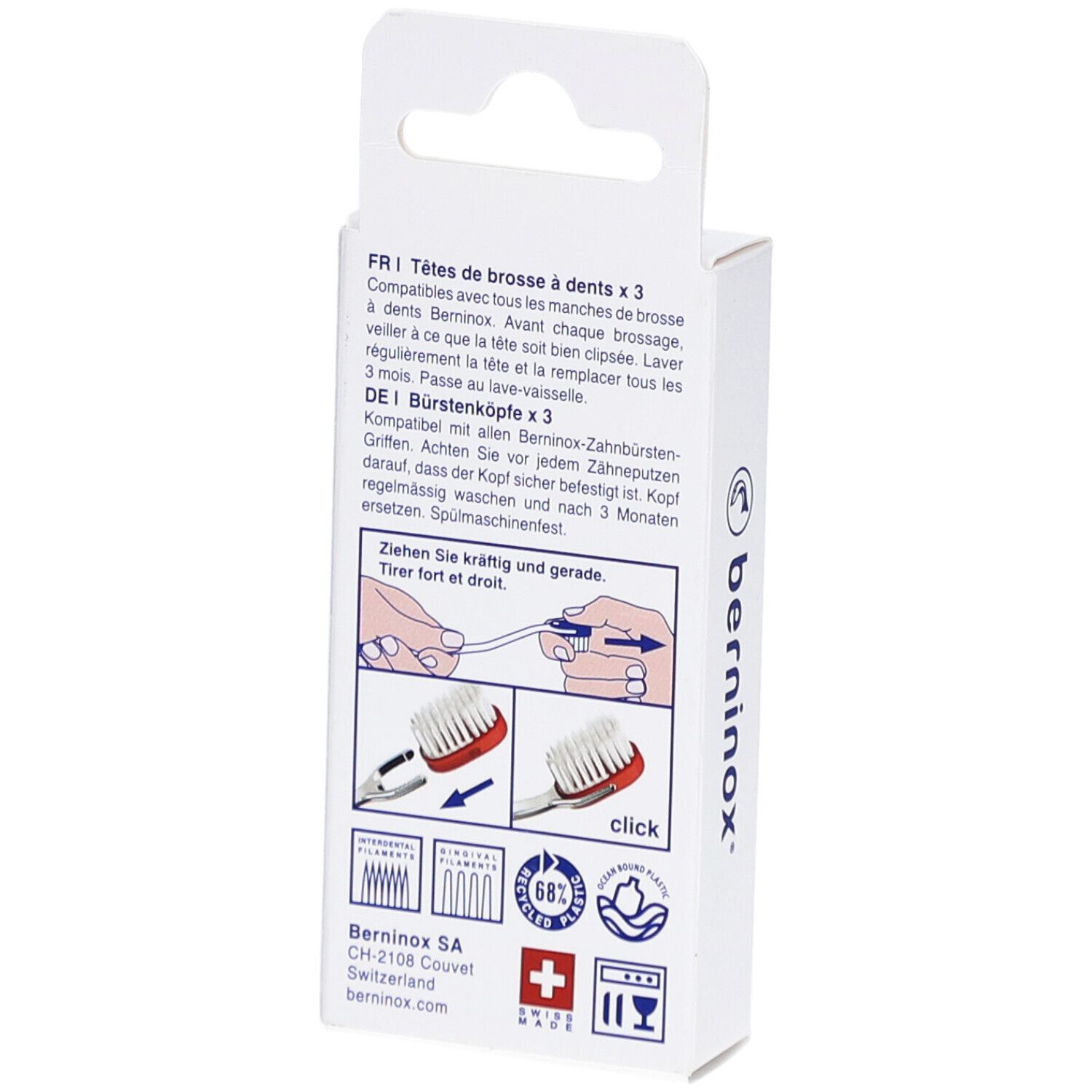 Dos de l'emballage avec instructions et logo 'berninox'. Croix suisse et pictogrammes.