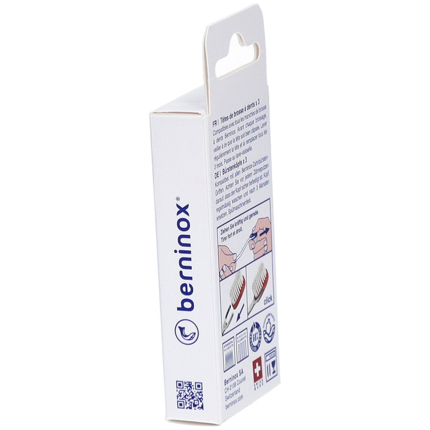 Vue latérale de l'emballage avec instructions et logo 'berninox'. Croix suisse et pictogrammes.
