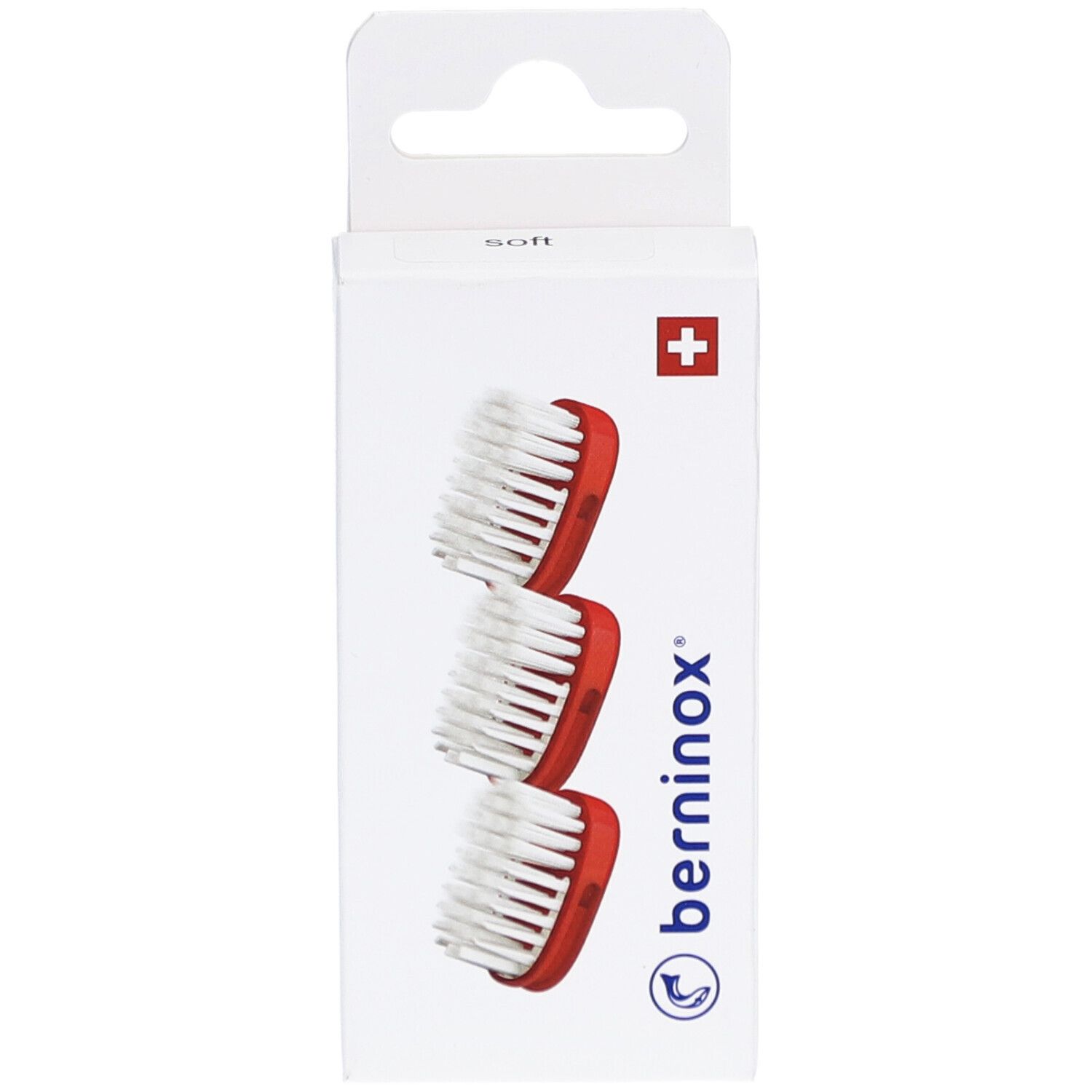 Emballage de 3 têtes de brosse. Support rouge, poils blancs. Croix suisse et logo 'berninox'.