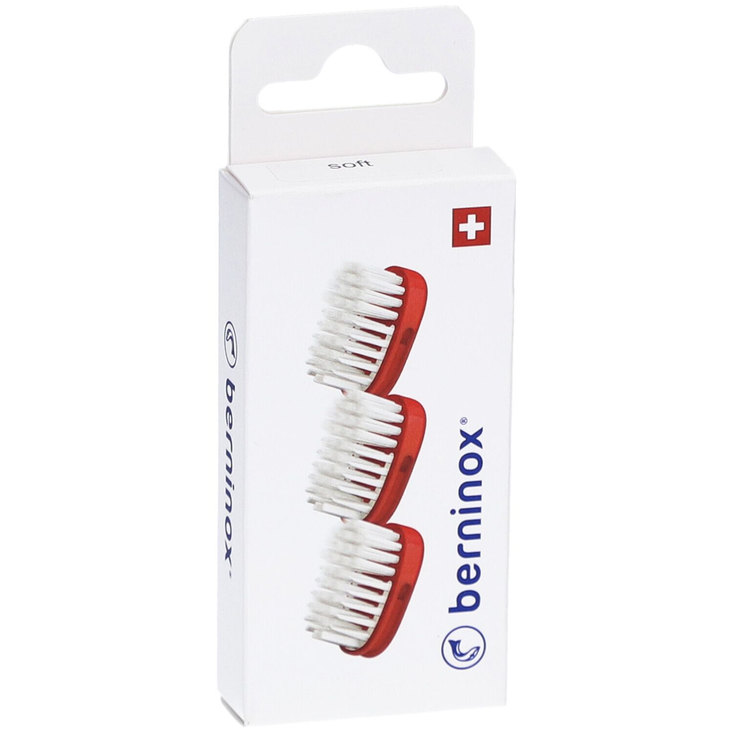 Emballage de 3 têtes de brosse. Support rouge, poils blancs. Croix suisse et logo 'berninox'.