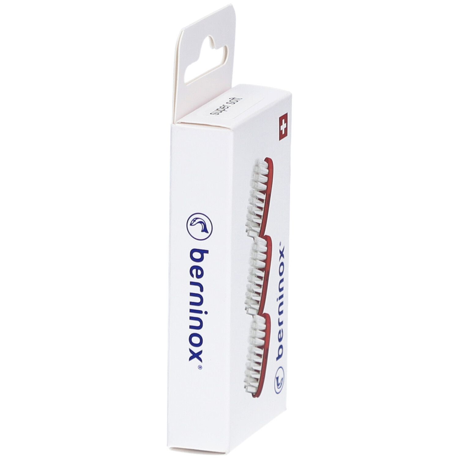 Verpakking met drie vervangende borstelkoppen. Zijkant met berninox-logo en Zwitsers kruis. Ophanginrichting.