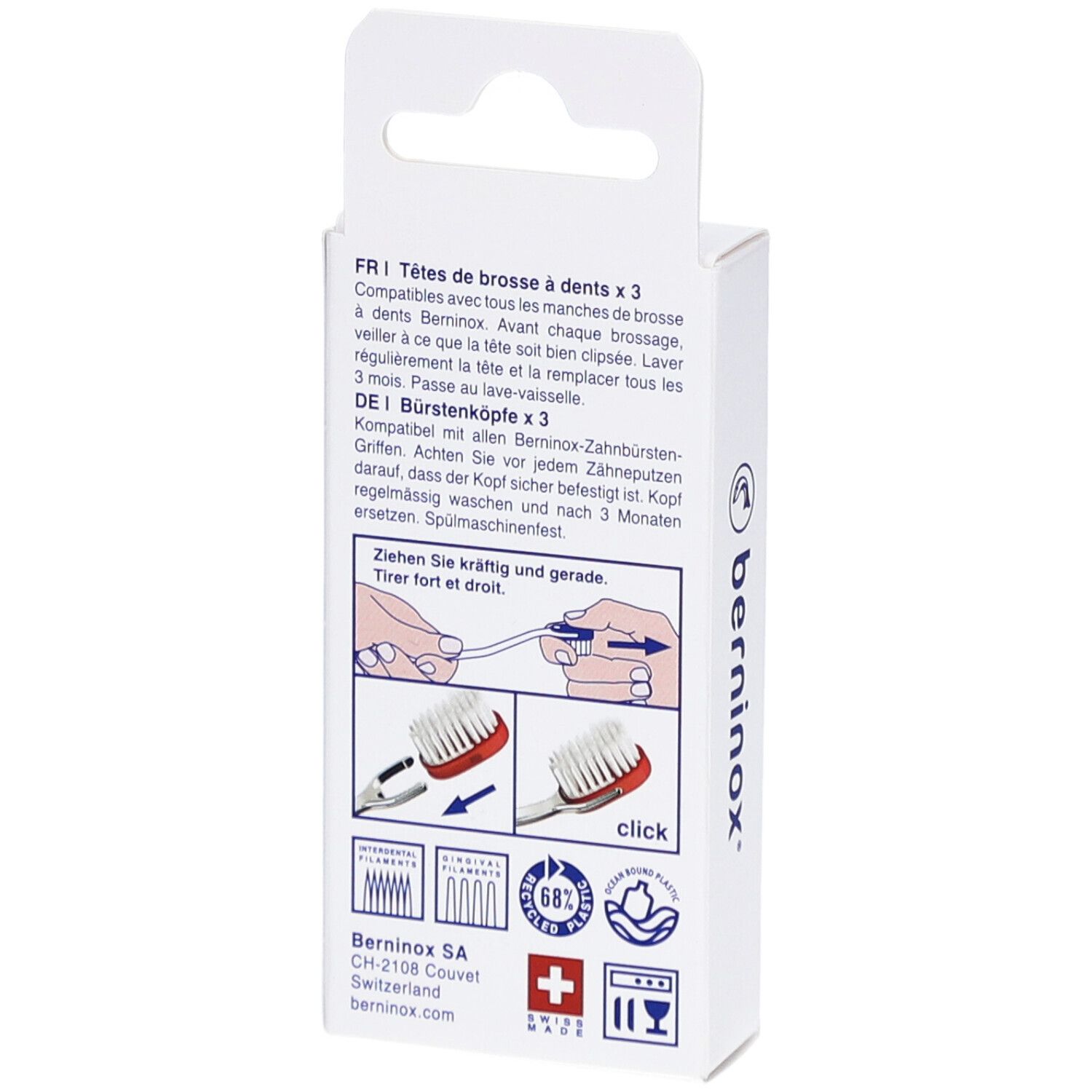 Achterkant van de verpakking met tekst in het Duits, Frans en gebruiksinformatie. Merk: berninox.