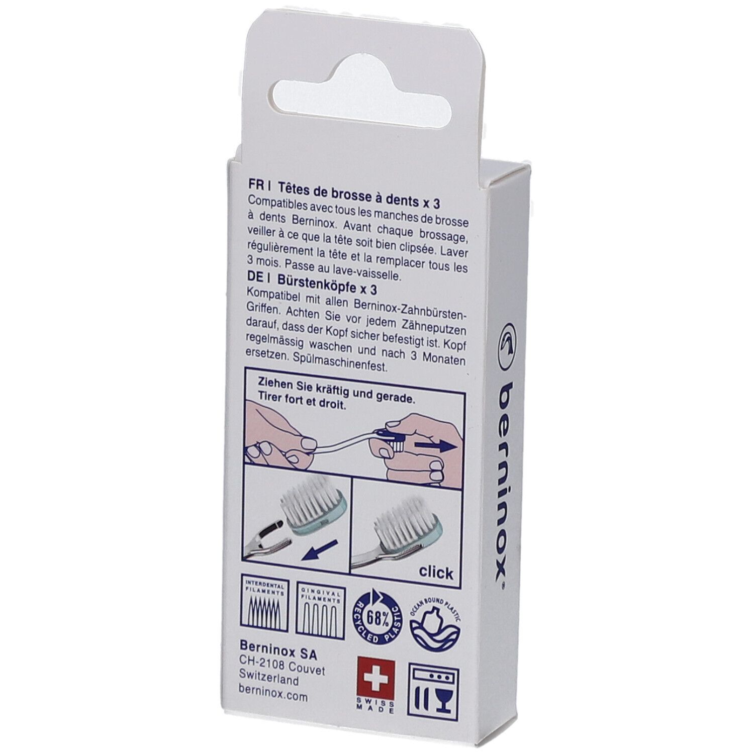 Dos de l'emballage avec informations. Illustrations d'utilisation. Marque : berninox. Croix suisse.