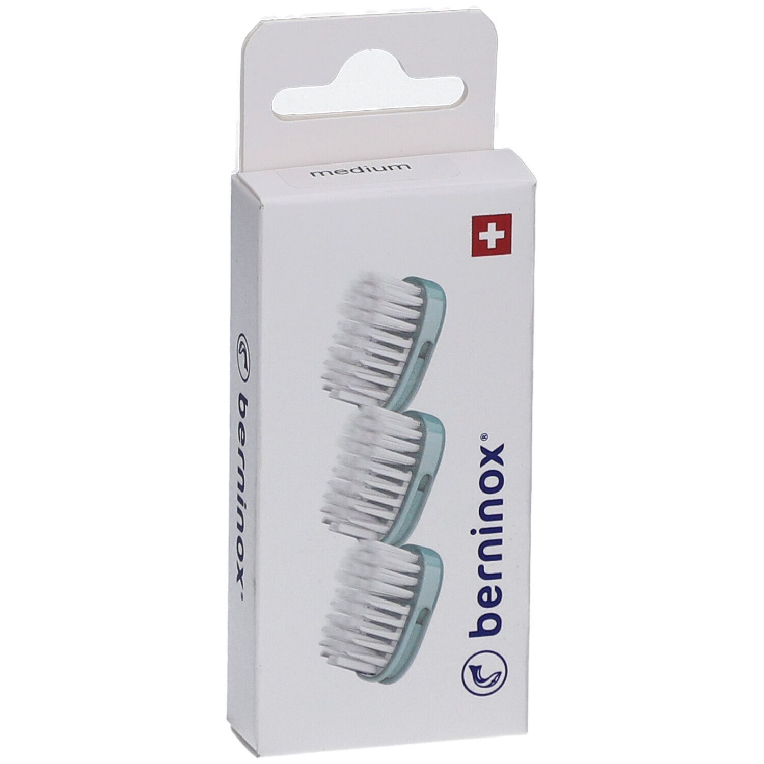 Boîte de 3 têtes de brosse à dents de rechange, vert glacier, medium. Croix suisse. Marque : berninox.