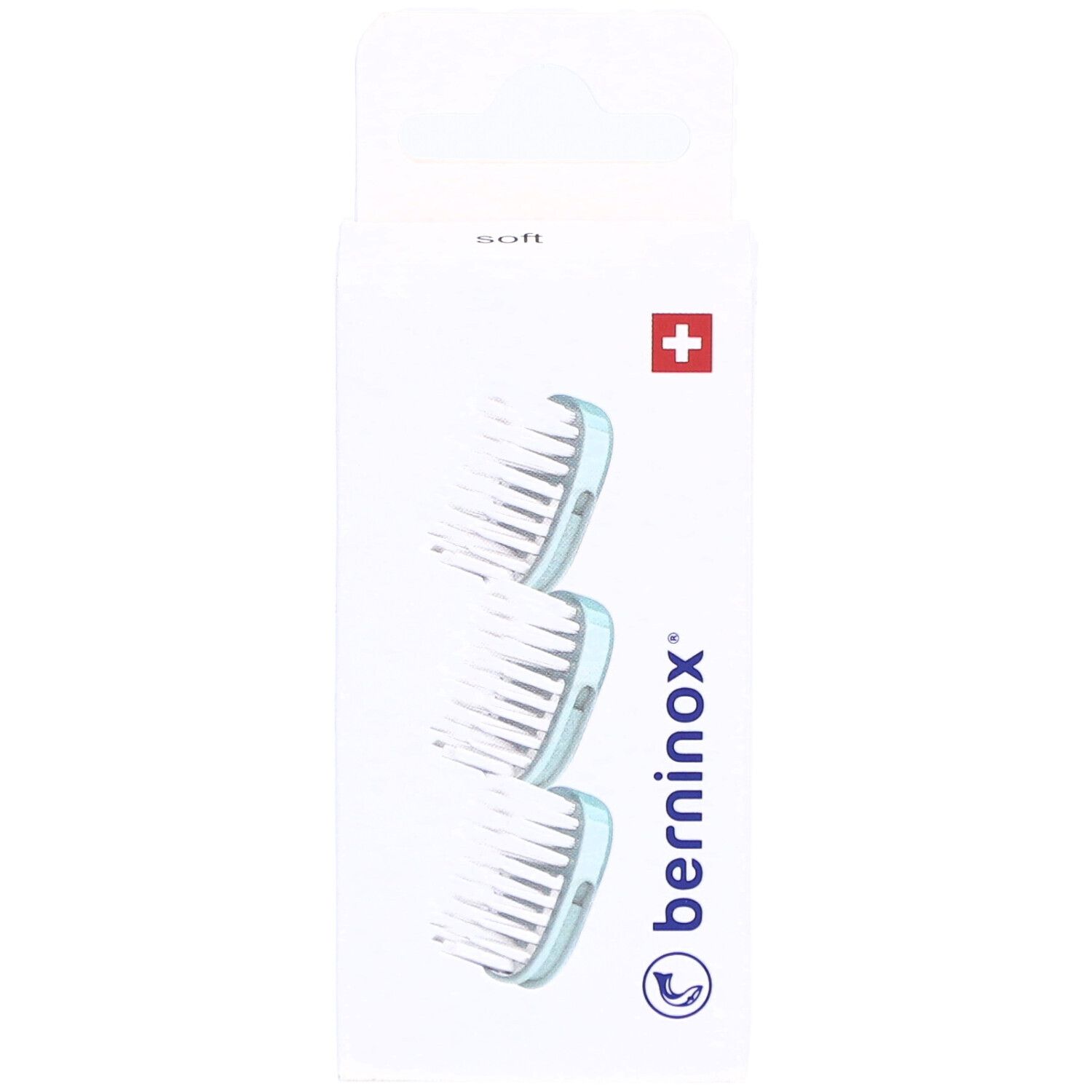 Verpakking met 3 vervangende borstelkoppen, ijsgroen, zacht. Berninox logo en Zwitsers kruis.
