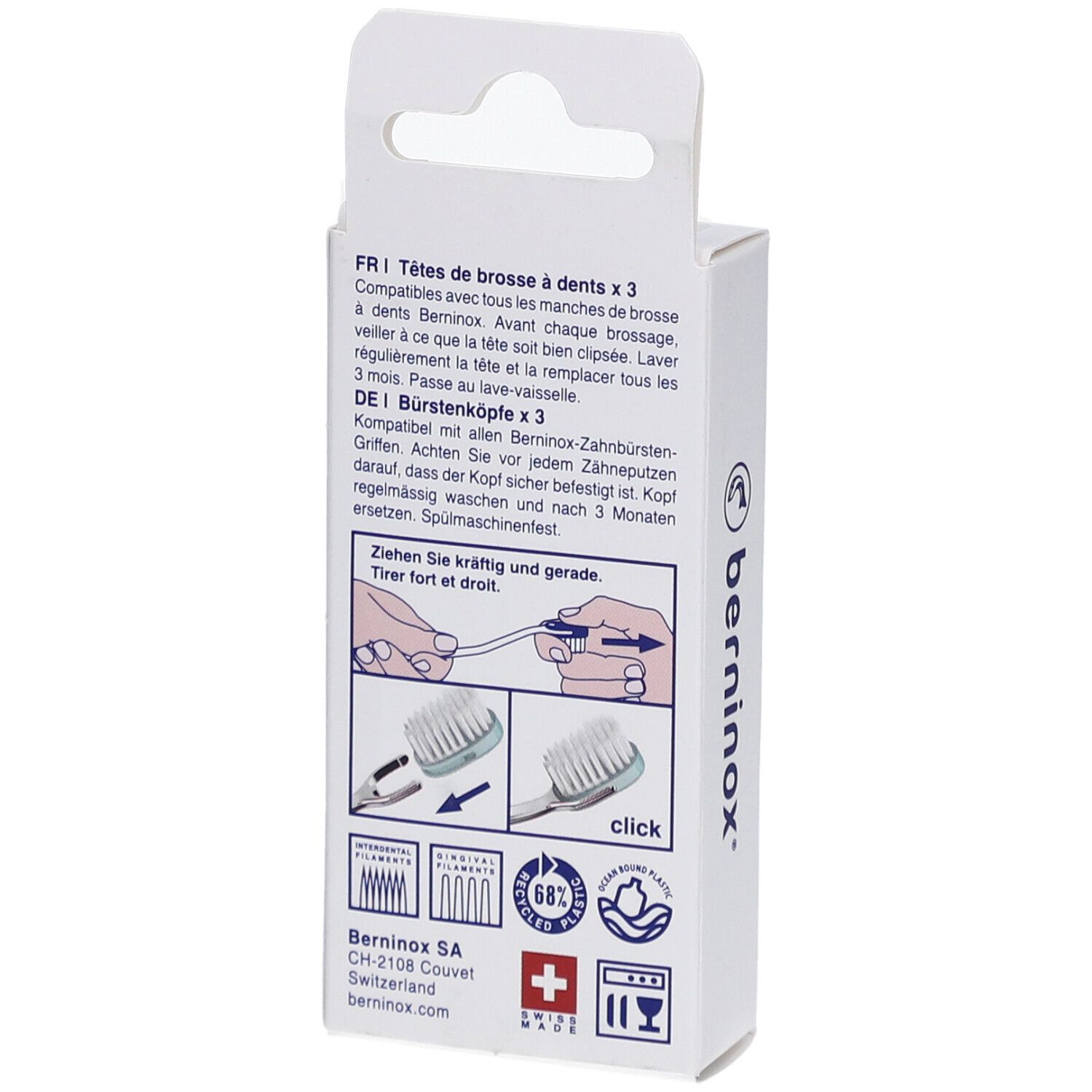 Achterkant van de verpakking met tekst en illustraties. Berninox logo, Zwitsers kruis en instructies.