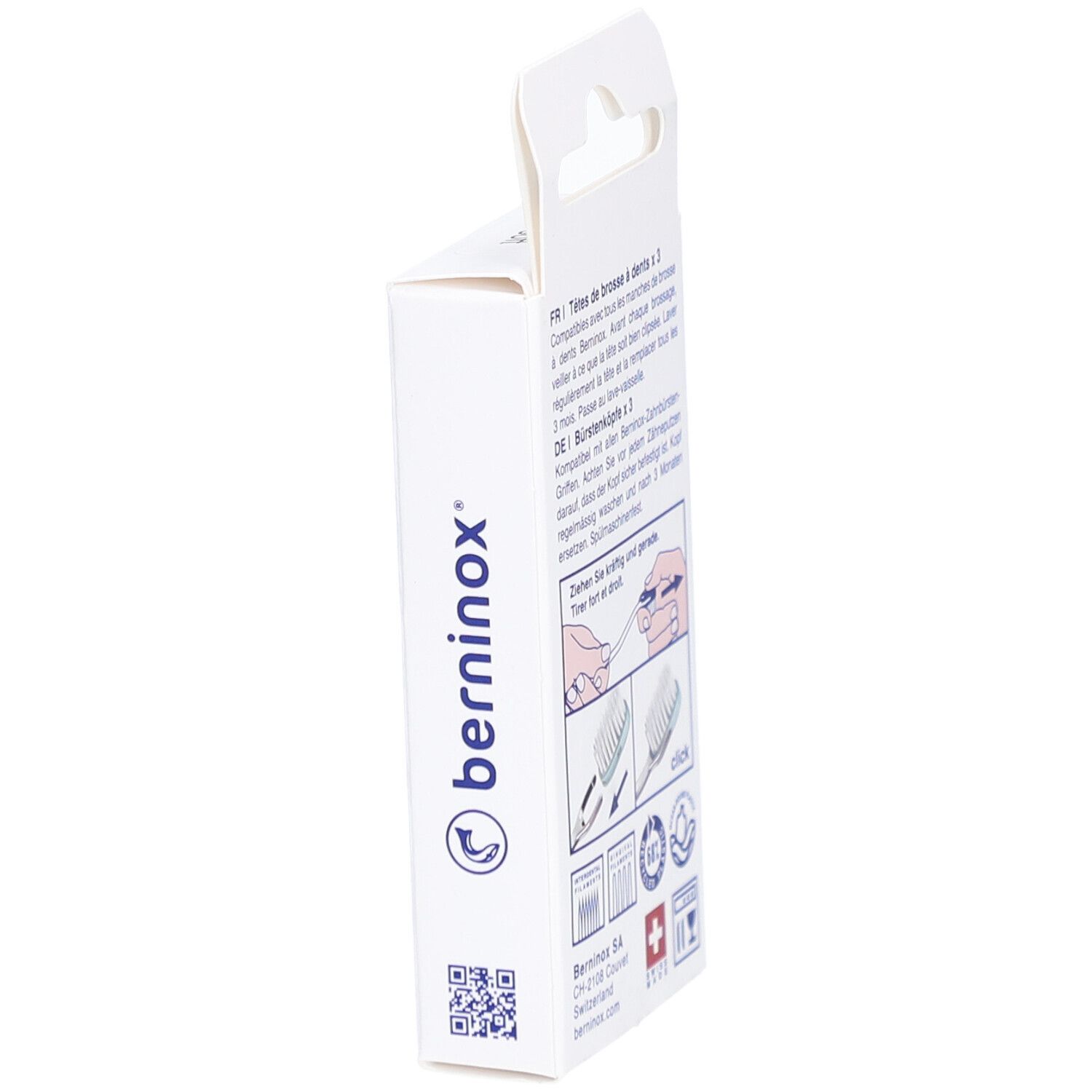 Zijaanzicht van de verpakking met tekst en logo. Berninox logo, Zwitsers kruis en QR code.