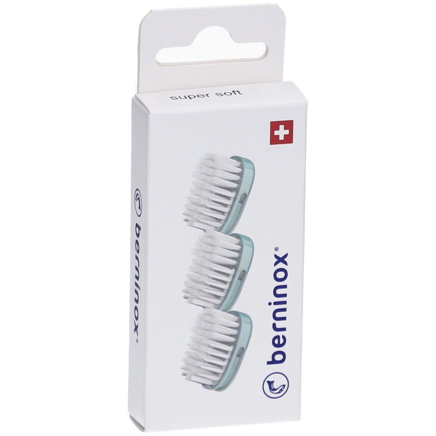 Verpakking met 3 opzetborstels. Eisberggrün, super soft. Berninox logo en Zwitsers kruis.