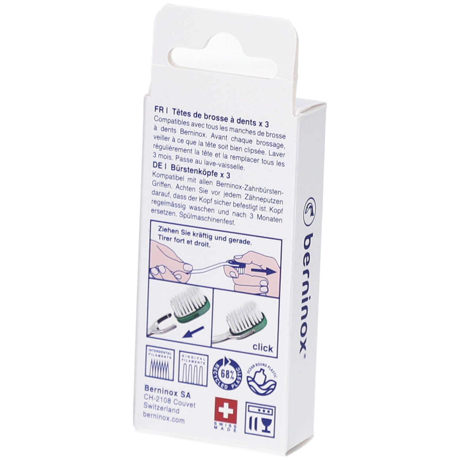 Dos de l'emballage avec informations produit. Illustrations et texte en allemand et français. Marque BERNINOX®.