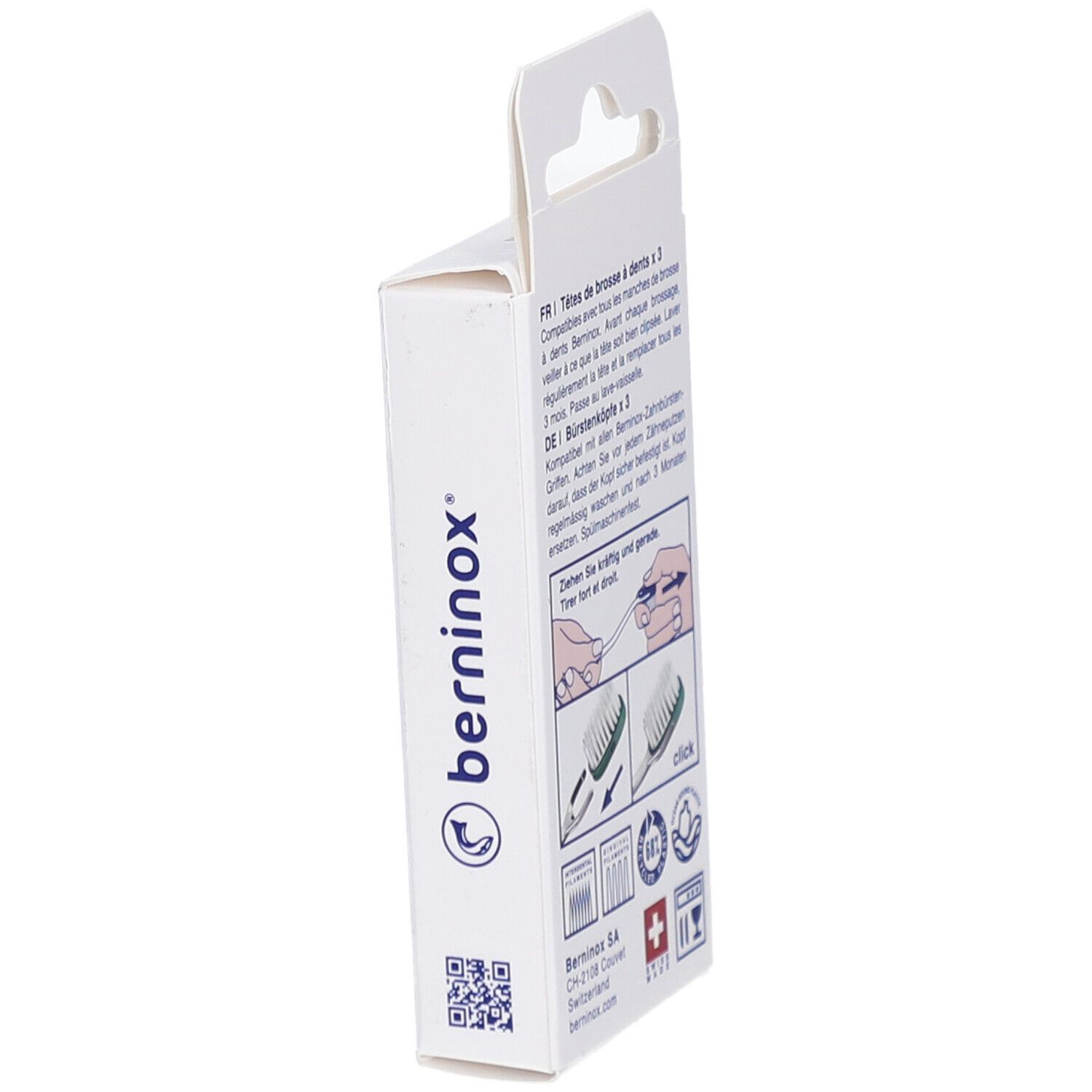 Côté de l'emballage avec informations produit. Marque BERNINOX® et code QR. Croix suisse.