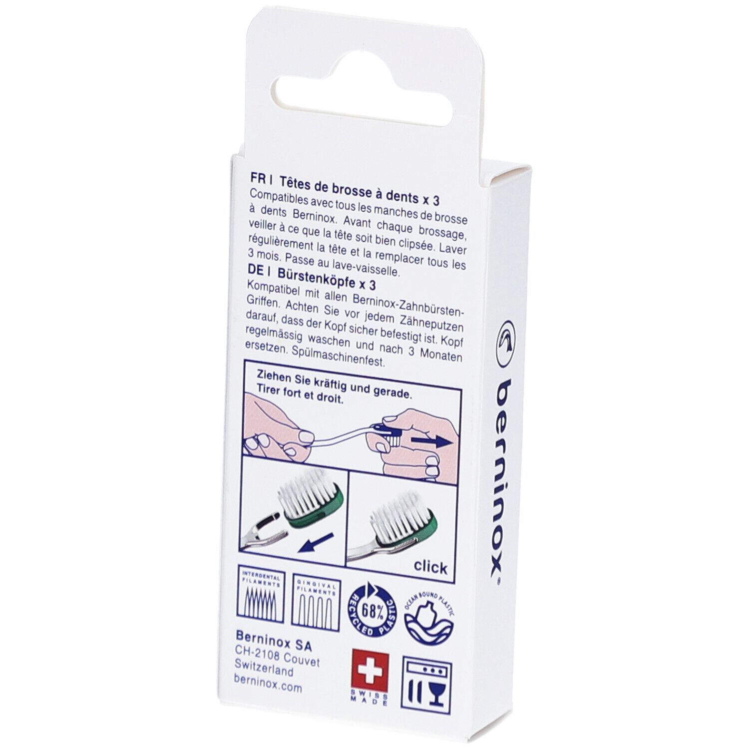 Achterkant van de verpakking met productinformatie. Illustraties en meertalige tekst.