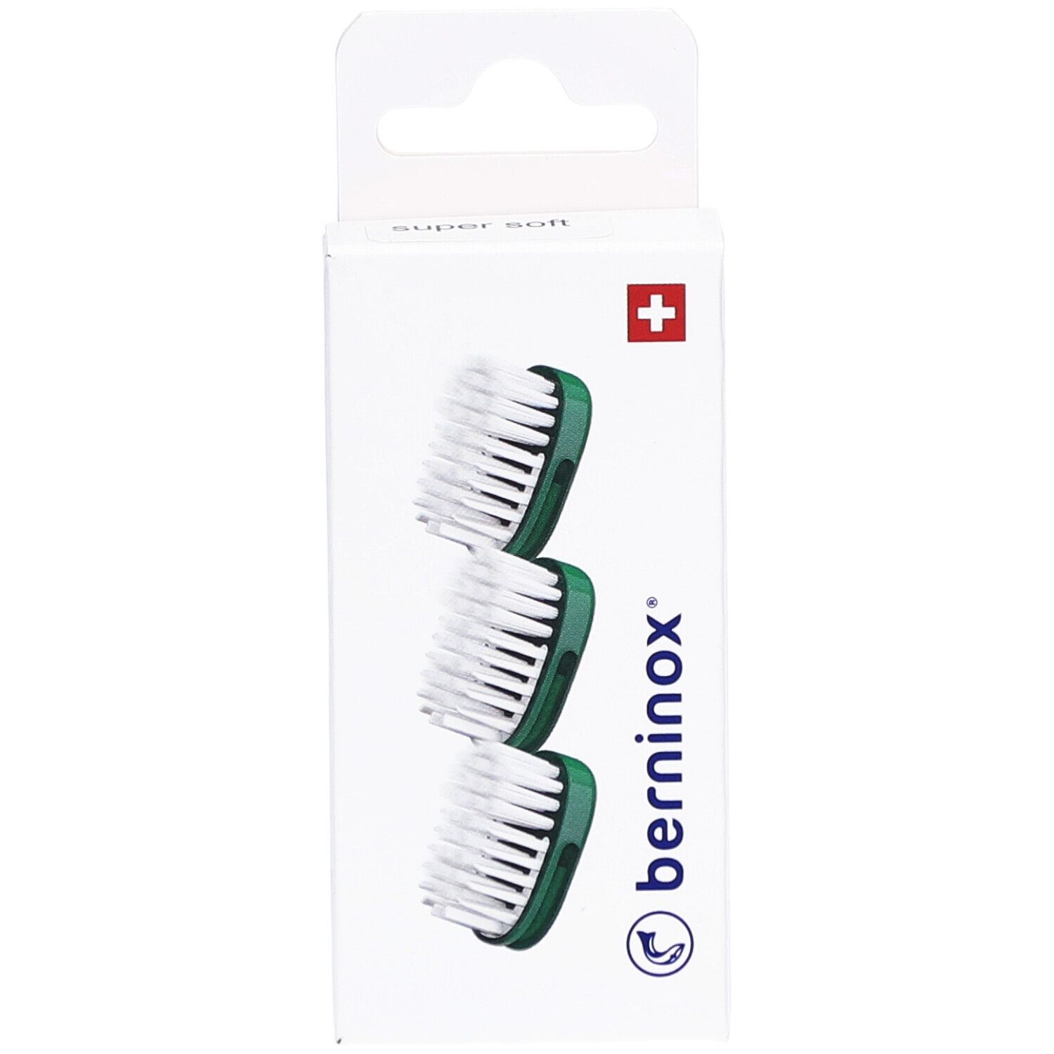Boîte de 3 têtes de brosse à dents. Soies blanches, support vert. Marque: berninox.