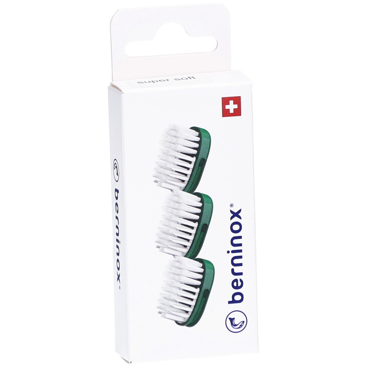 Boîte de 3 têtes de brosse à dents. Soies blanches, support vert. Marque: berninox.