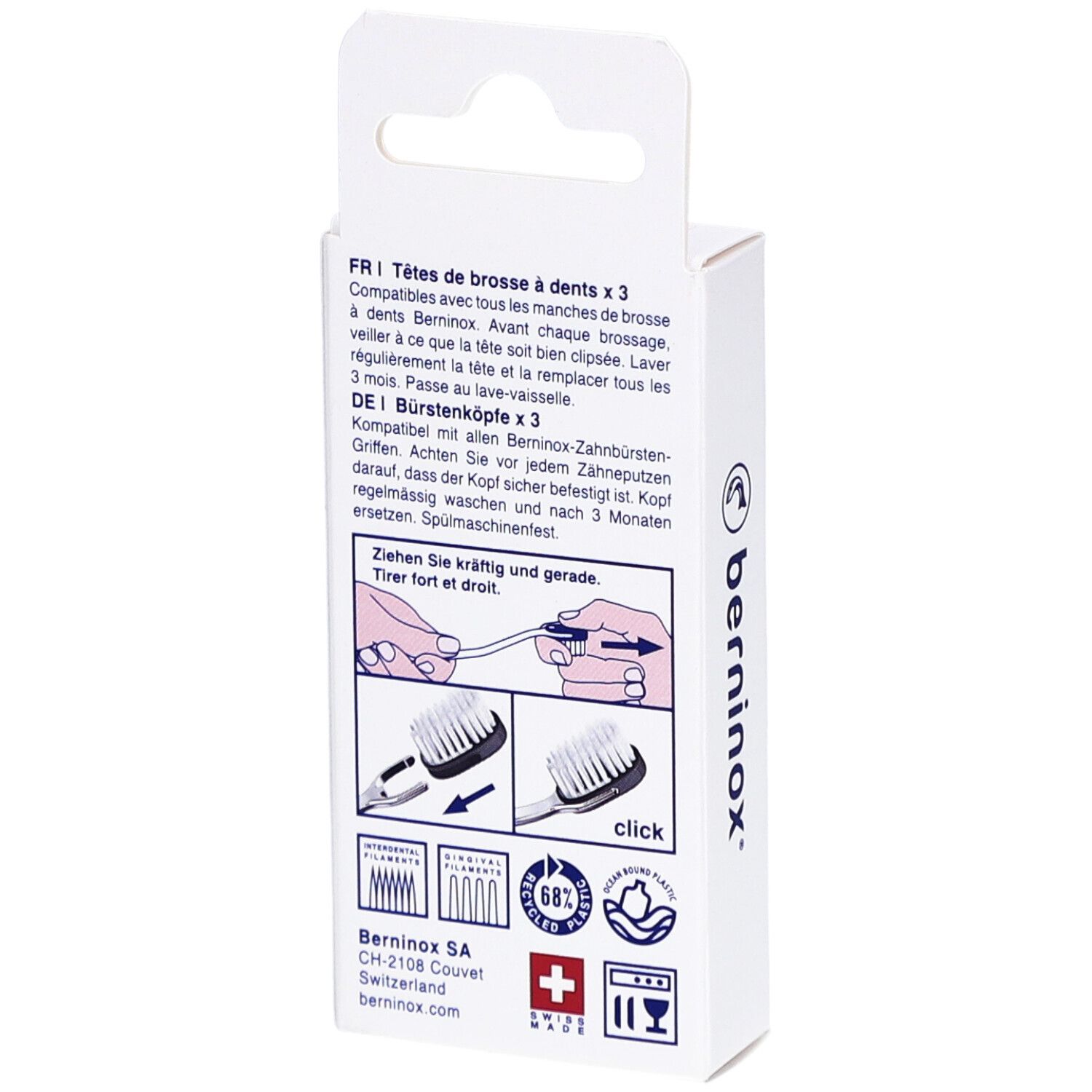 Dos de la boîte avec informations produit. Marque Berninox, instructions, croix suisse.
