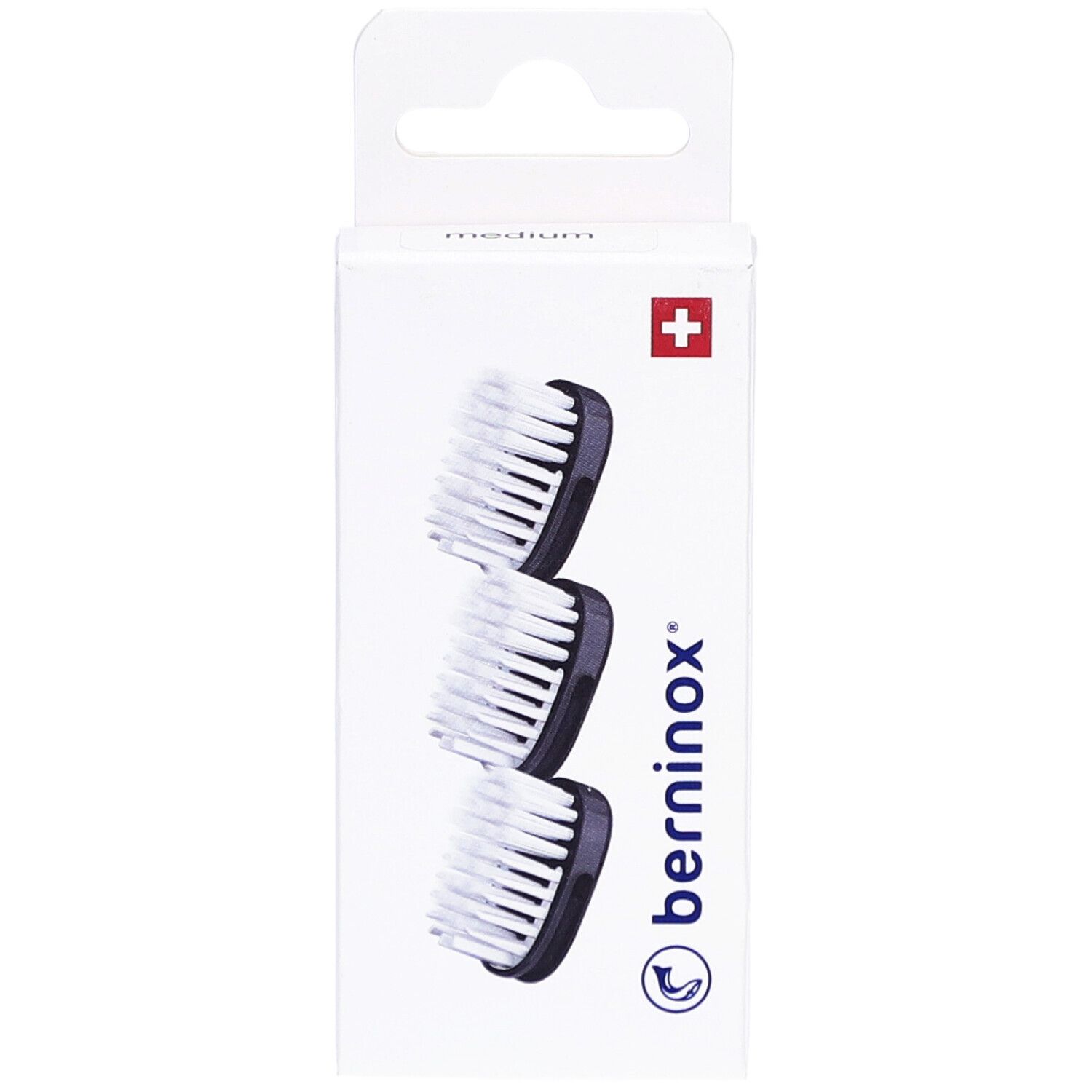 Boîte de 3 têtes de brosse à dents de rechange. Support noir, poils blancs. Marque Berninox.