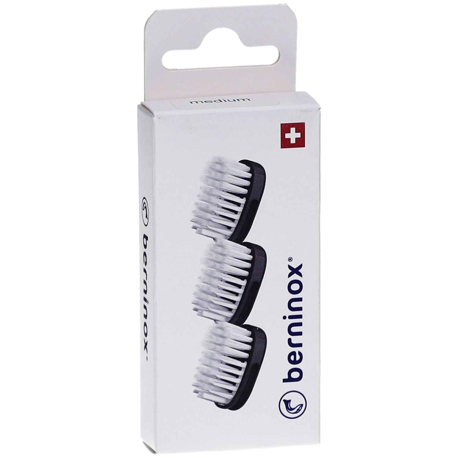 Boîte de 3 têtes de brosse à dents de rechange. Support noir, poils blancs. Marque Berninox.