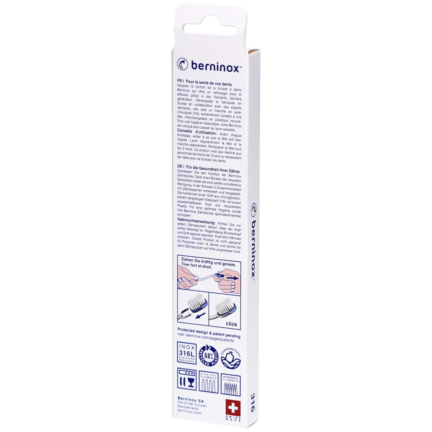 Achterkant van de verpakking. Tekst in het Duits, Frans, instructies en logo's.