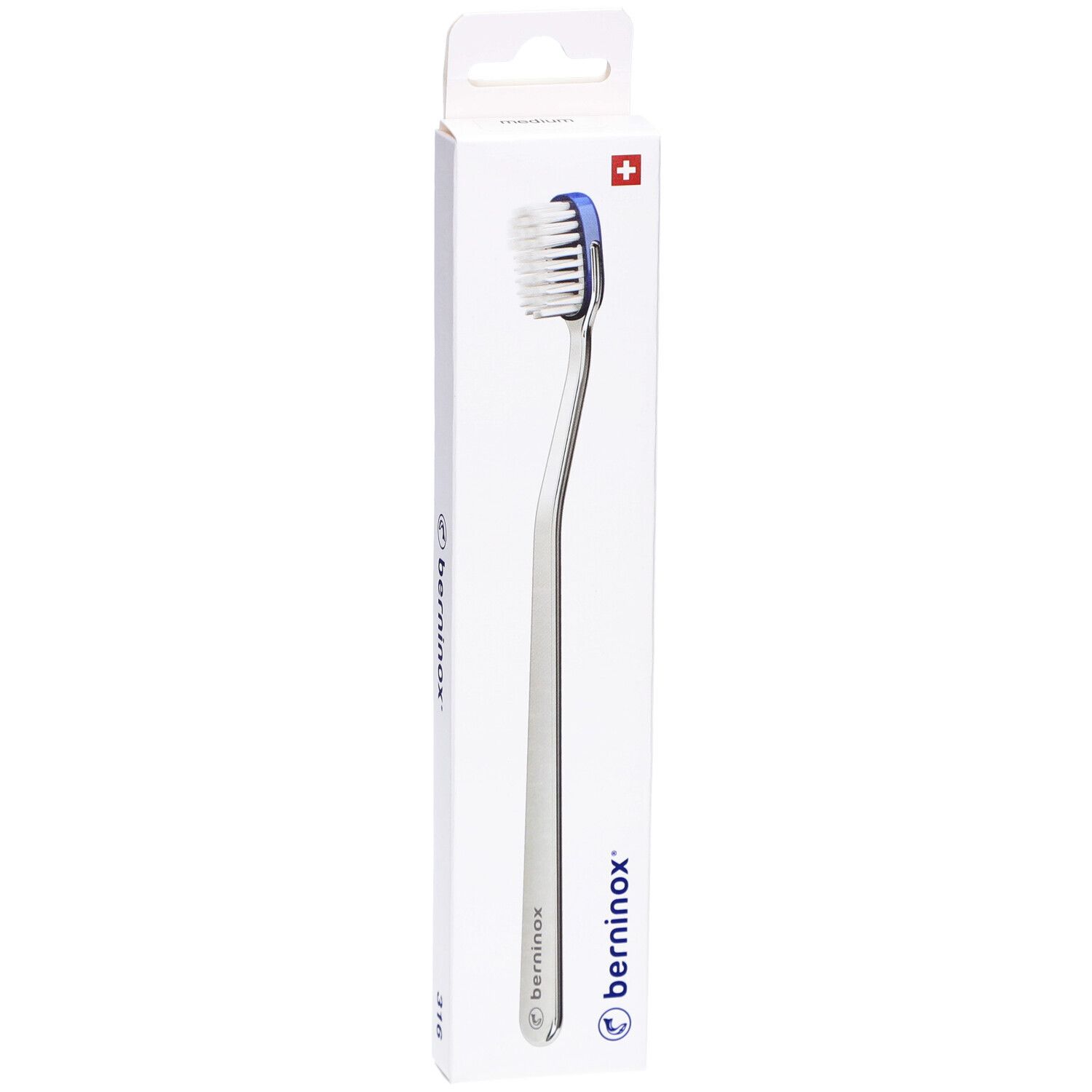 Tandenborstel met blauw accent. Zilveren handvat, witte borstelkop, Zwitsers kruis.