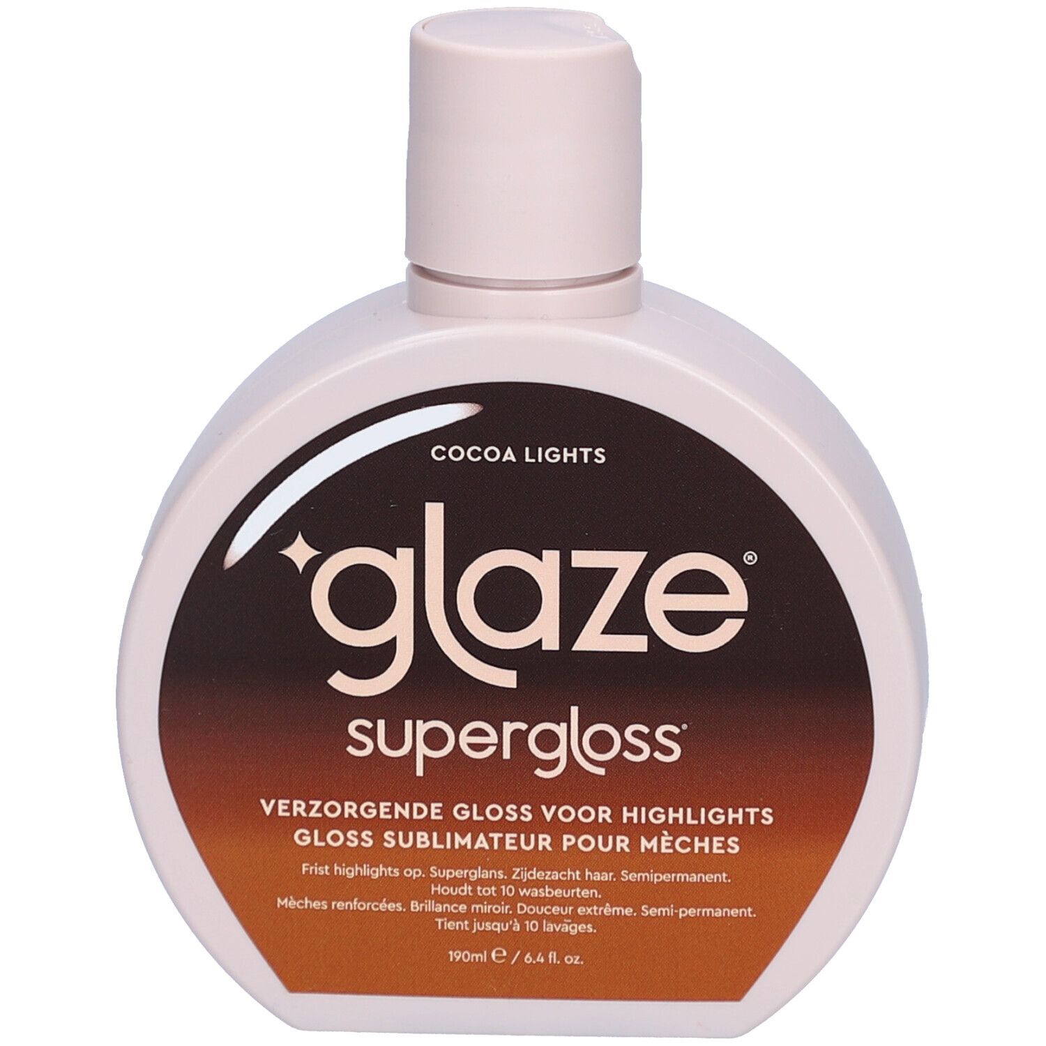 Flacon rond, étiquette marron. Inscription "glaze" et "Cocoa Lights". Contient 190 ml. Pour cheveux bruns avec reflets.
