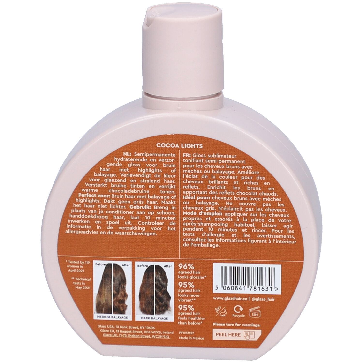 Dos du flacon. Texte : "Cocoa Lights", "Mirror Glaze Shine". Images de couleurs de cheveux. Code QR et code-barres.