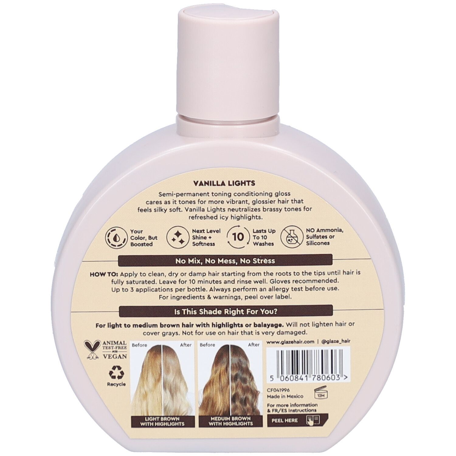 Dos du flacon. Texte : 'Vanilla Lights', 'Semi-permanent toning conditioning gloss'. Illustrations et texte.