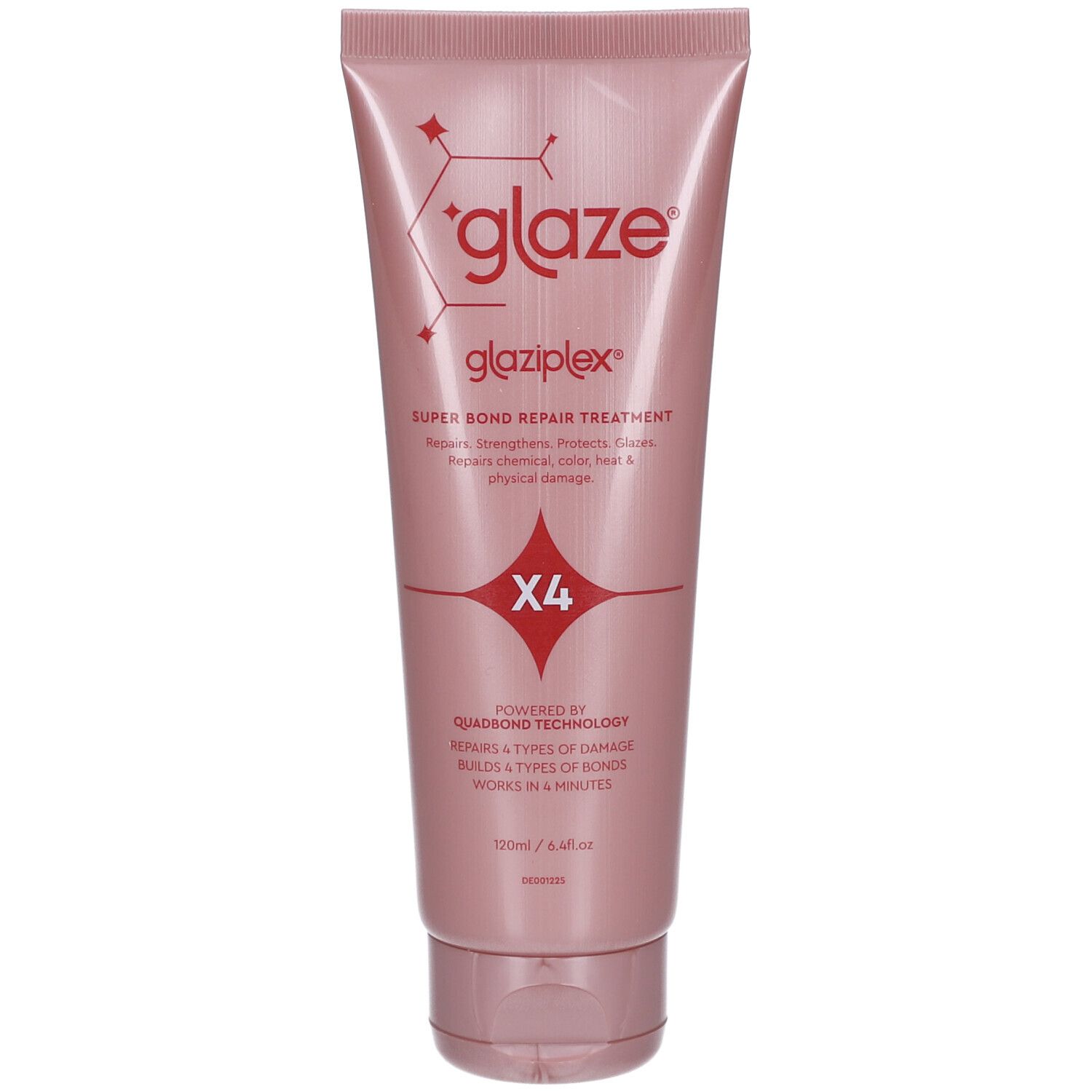 Tube rose avec produit. Texte "glaze glaziPlex" et "SUPER BOND REPAIR TREATMENT". Symbole "X4". 120ml.