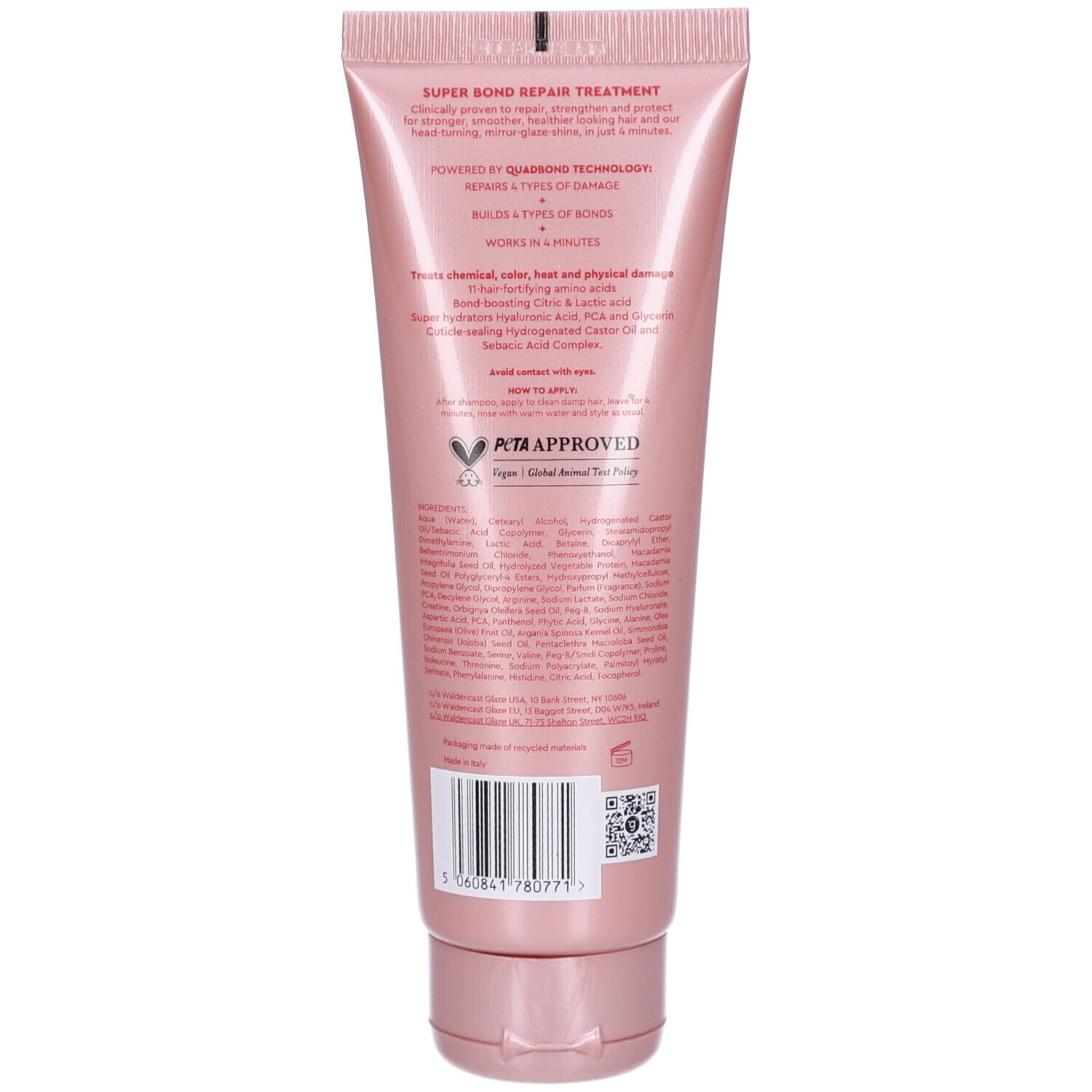 Dos du tube. Texte : "SUPER BOND REPAIR TREATMENT". Ingrédients, instructions d'utilisation, logo PETA.