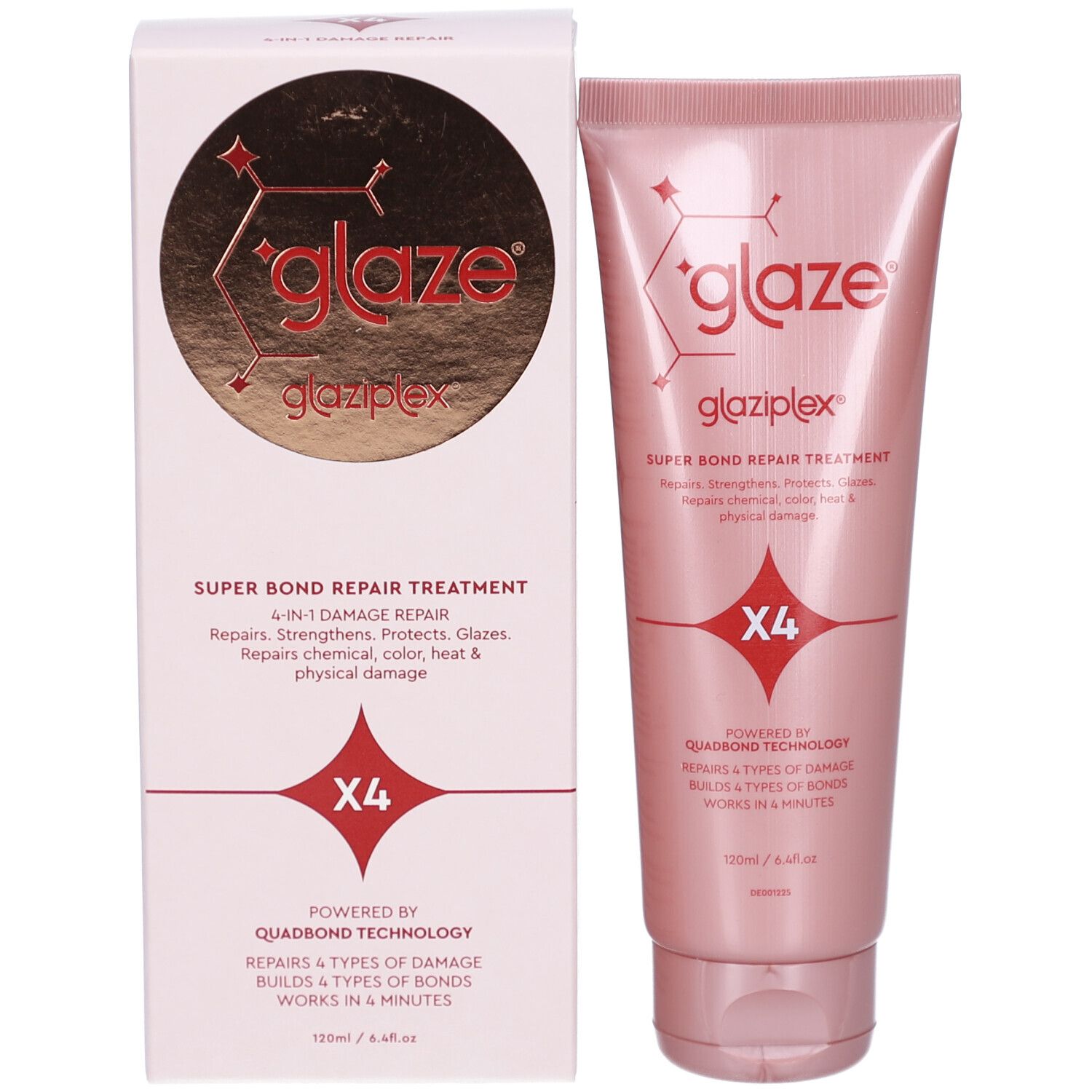 Produit et emballage. Texte "glaze glaziPlex" et "SUPER BOND REPAIR TREATMENT". Symbole "X4". 120ml.
