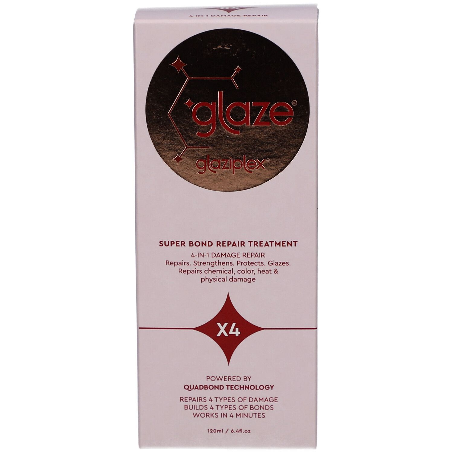 Emballage. Texte "glaze glaziPlex" et "SUPER BOND REPAIR TREATMENT". Symbole "X4". 120ml.