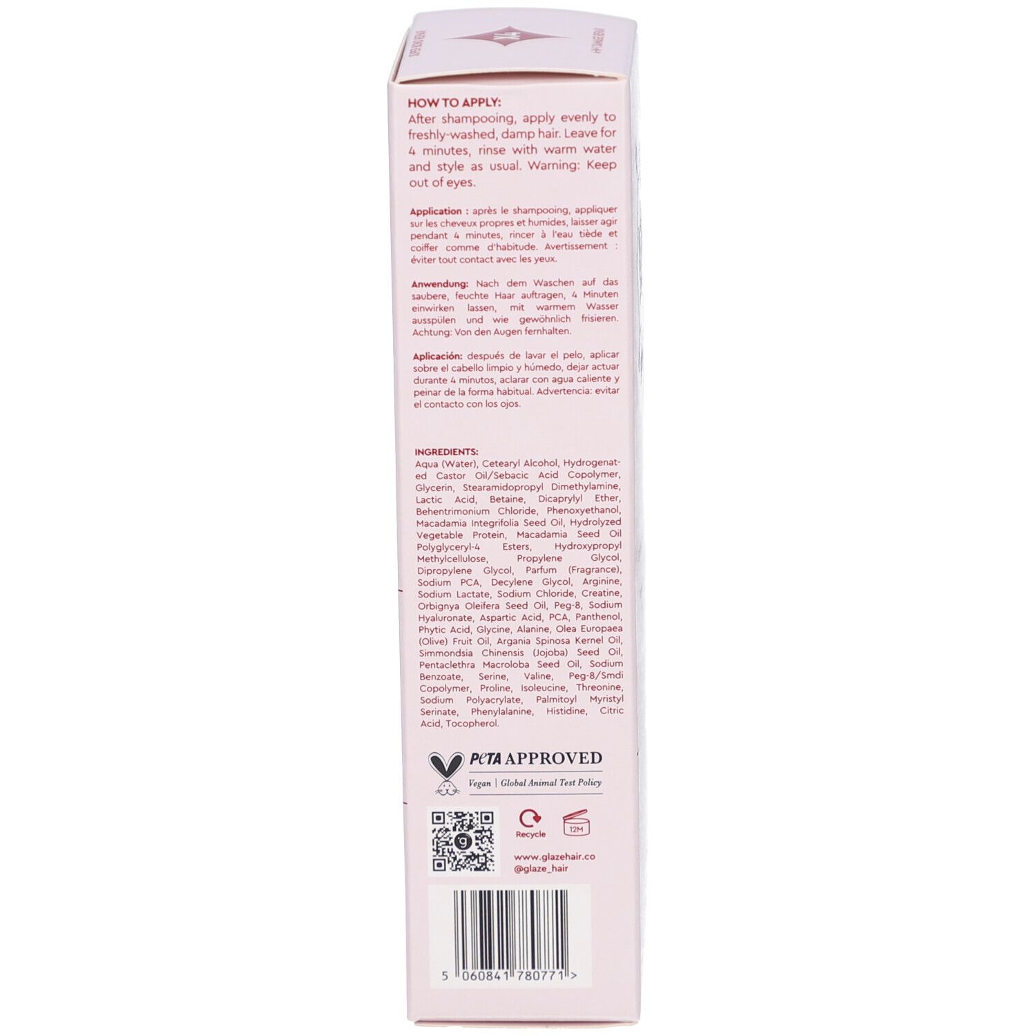Emballage. Texte : Instructions d'utilisation, ingrédients, logo PETA.