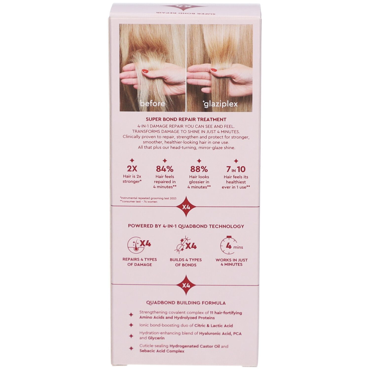 Emballage. Images avant/après. Texte : "SUPER BOND REPAIR TREATMENT". Symboles "X4". Ingrédients.