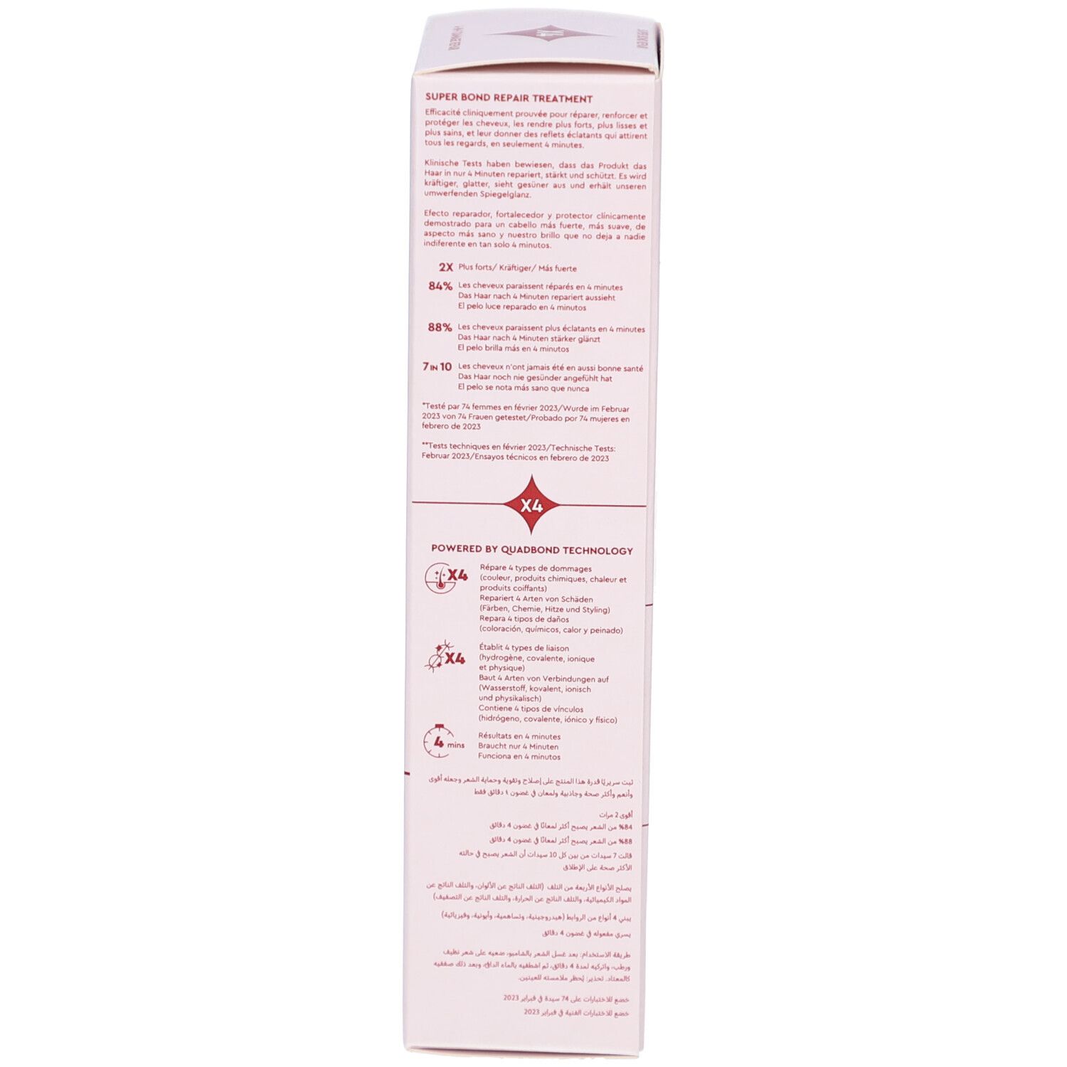 Emballage. Texte : "SUPER BOND REPAIR TREATMENT". Symboles "X4". Ingrédients.