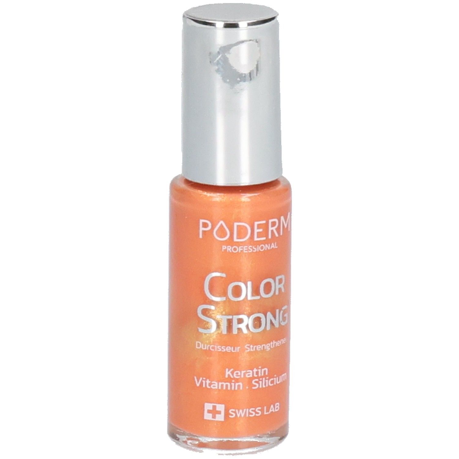 Flacon de vernis à ongles orange, bouchon argenté. Inscriptions : PODERM, COLOR STRONG, Swiss Lab.