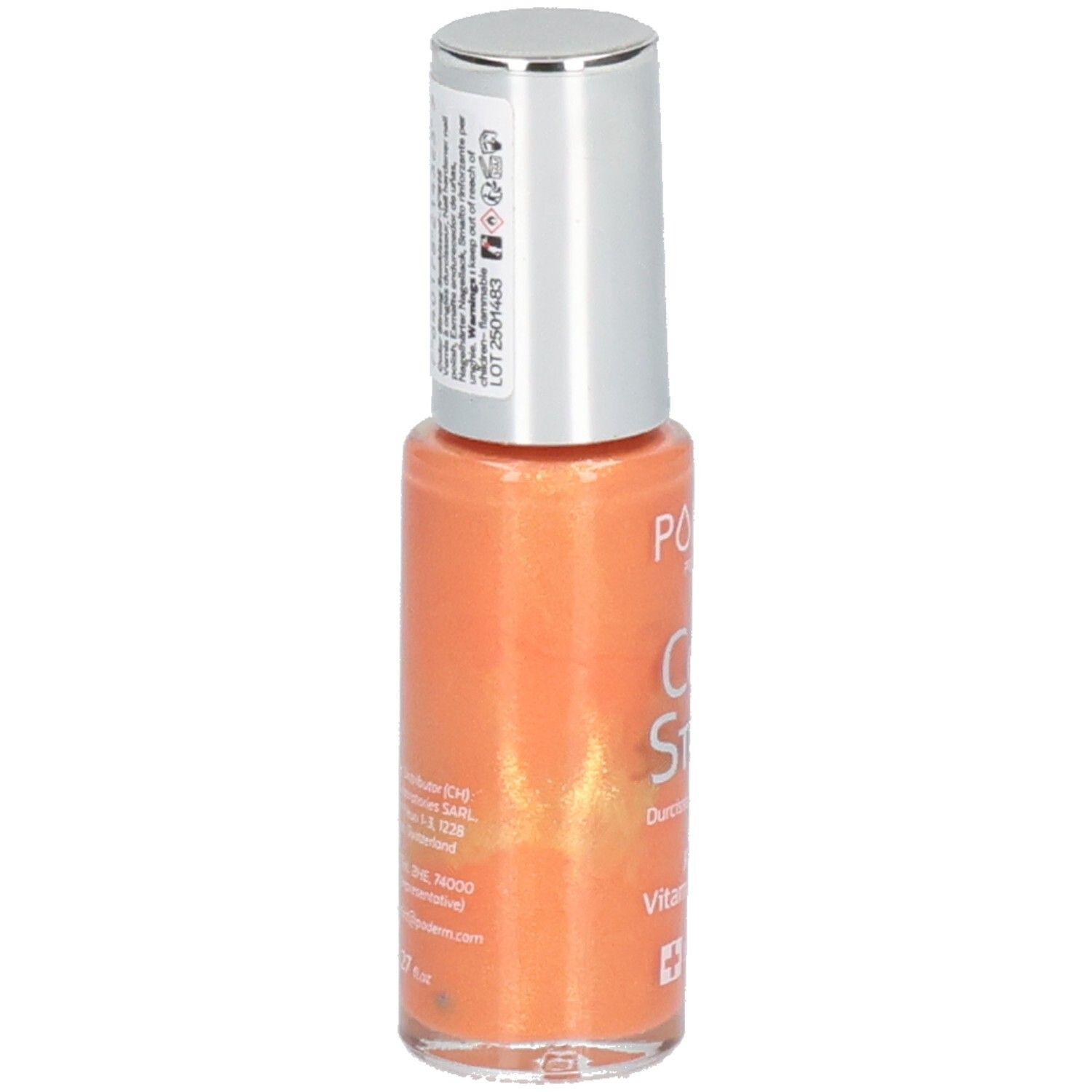 Flacon de vernis à ongles orange, bouchon argenté. Inscriptions : PODERM, COLOR STRONG, Swiss Lab. Texte au dos.