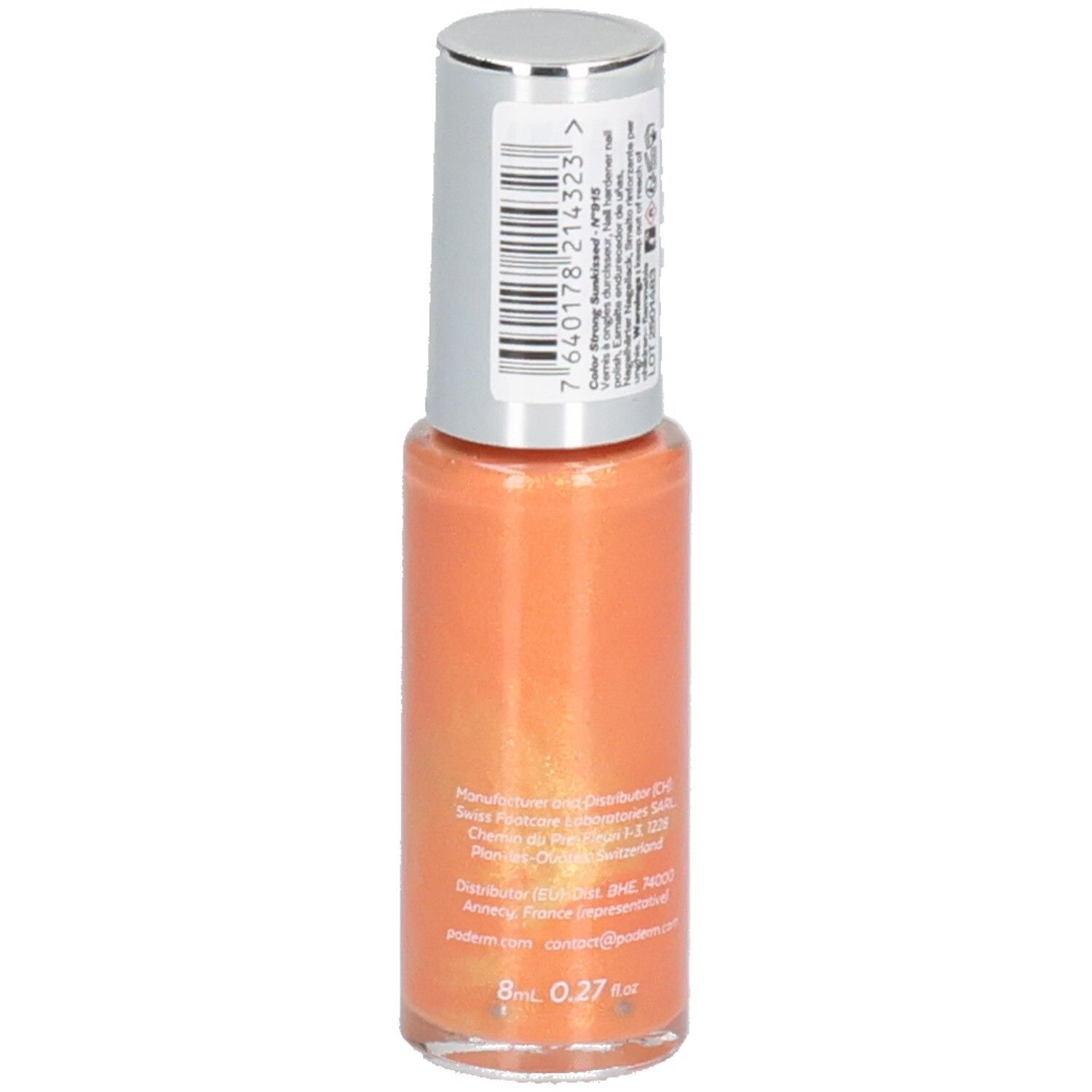 Flacon de vernis à ongles orange, bouchon argenté. Dos avec code-barres et texte.