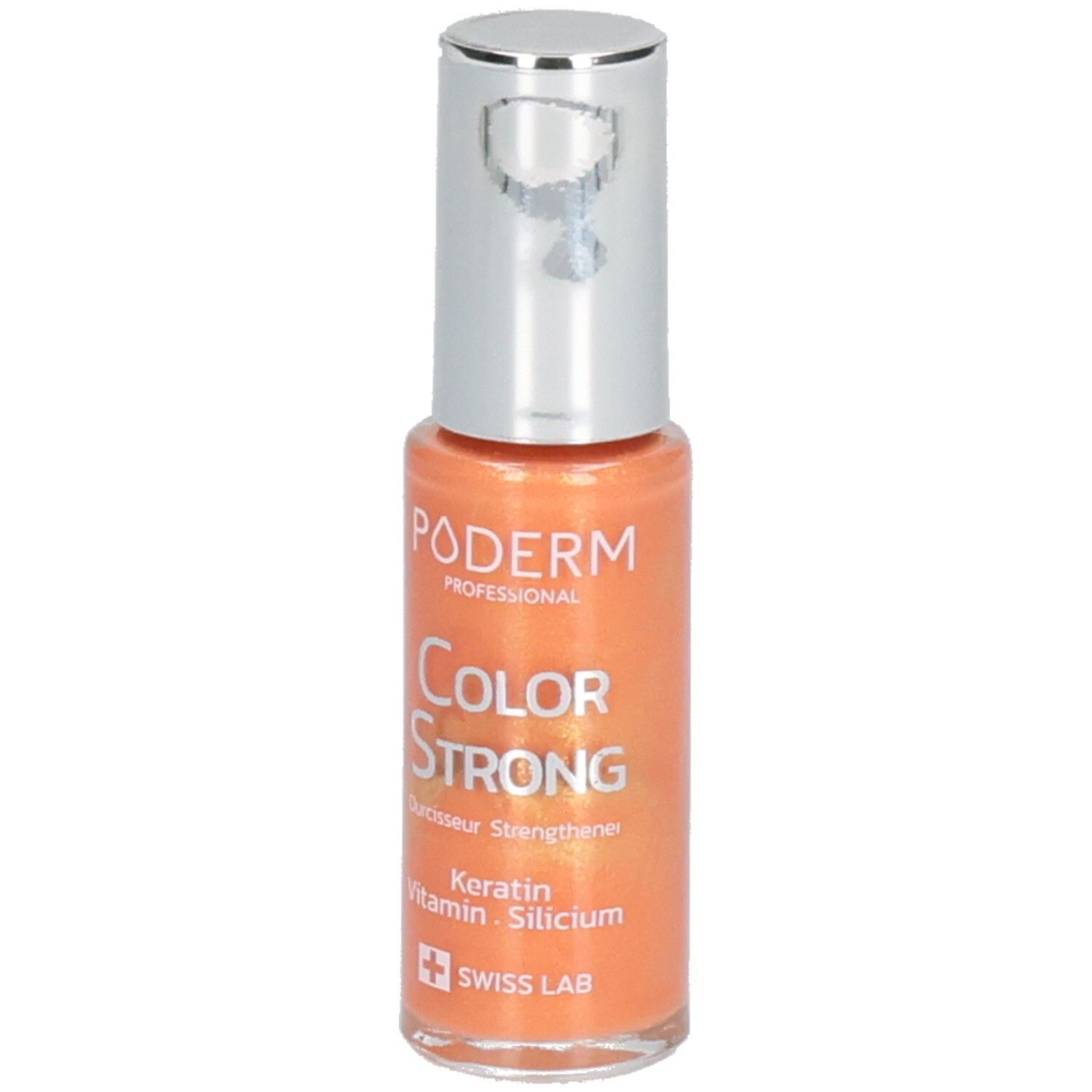 Flacon de vernis à ongles orange, bouchon argenté. Inscriptions : PODERM, COLOR STRONG, Swiss Lab.